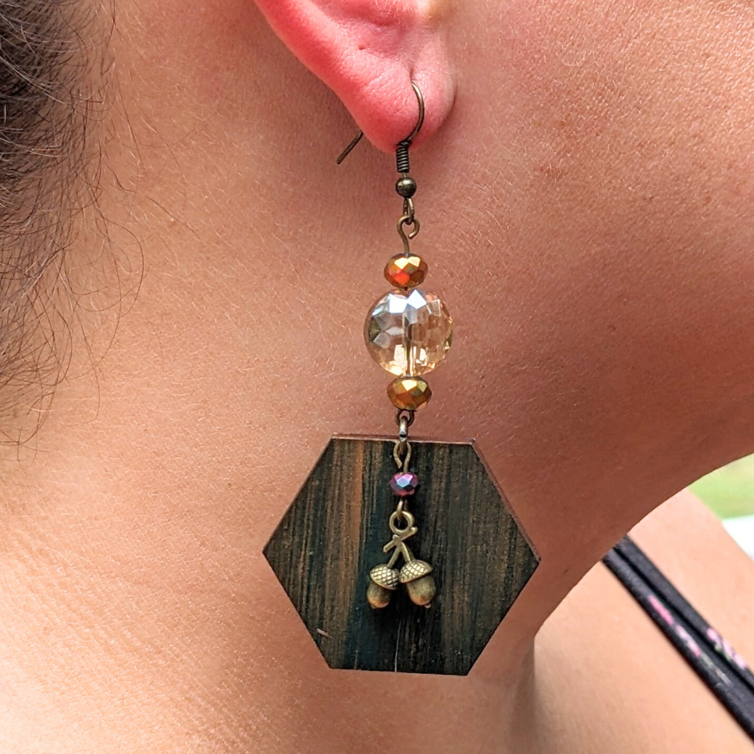 Autumn Woods Green Hexagon Earrings