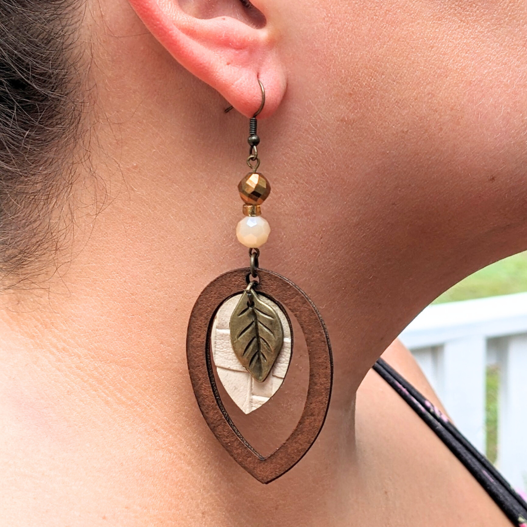 Autumn Woods Brown and Biege Teardrop Earrings
