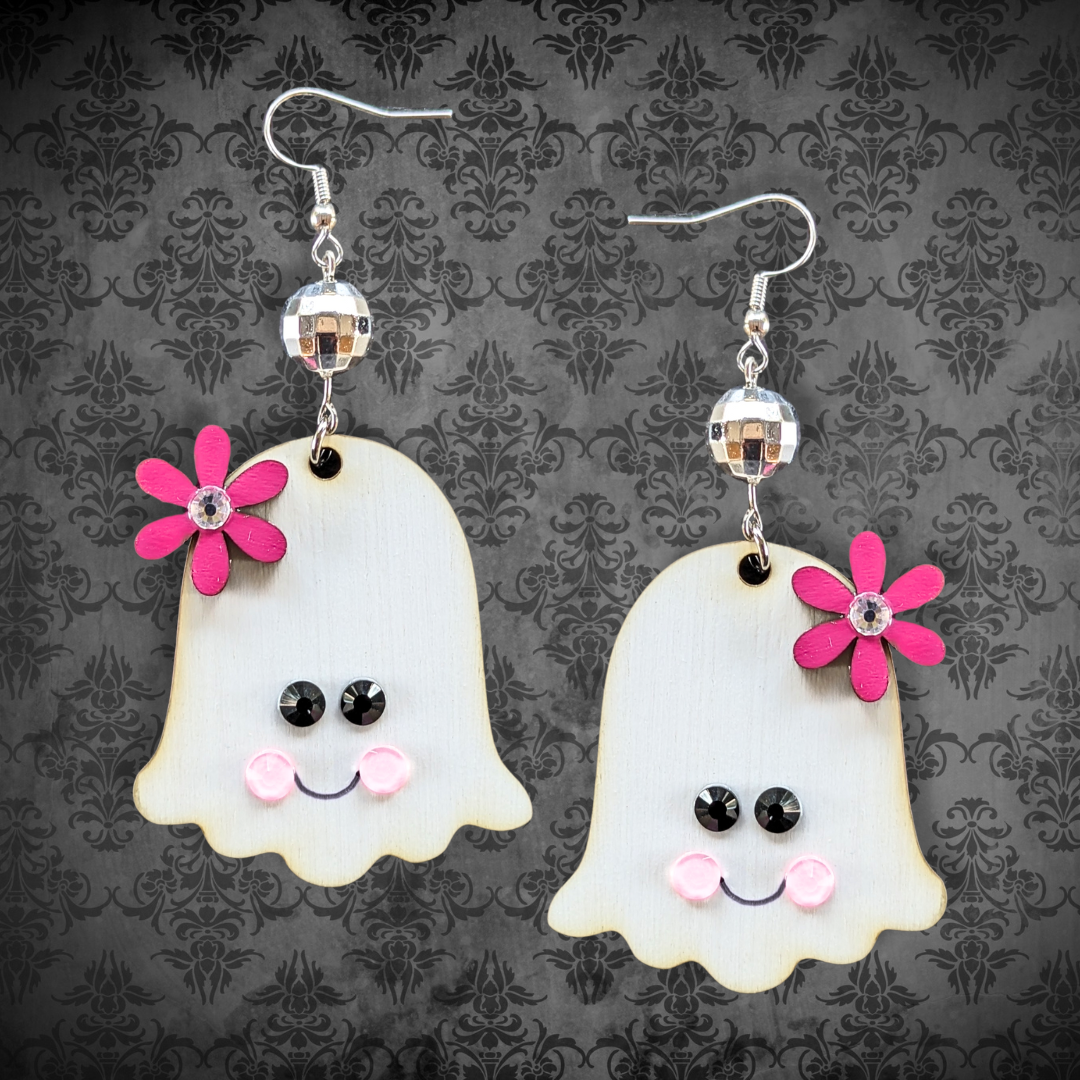 Hey Boo! Pink Flower Ghost Earrings