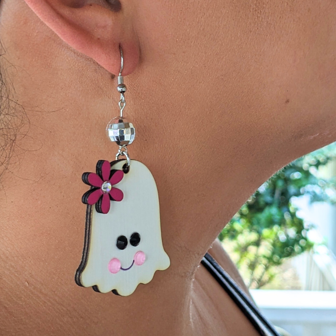 Hey Boo! Pink Flower Ghost Earrings