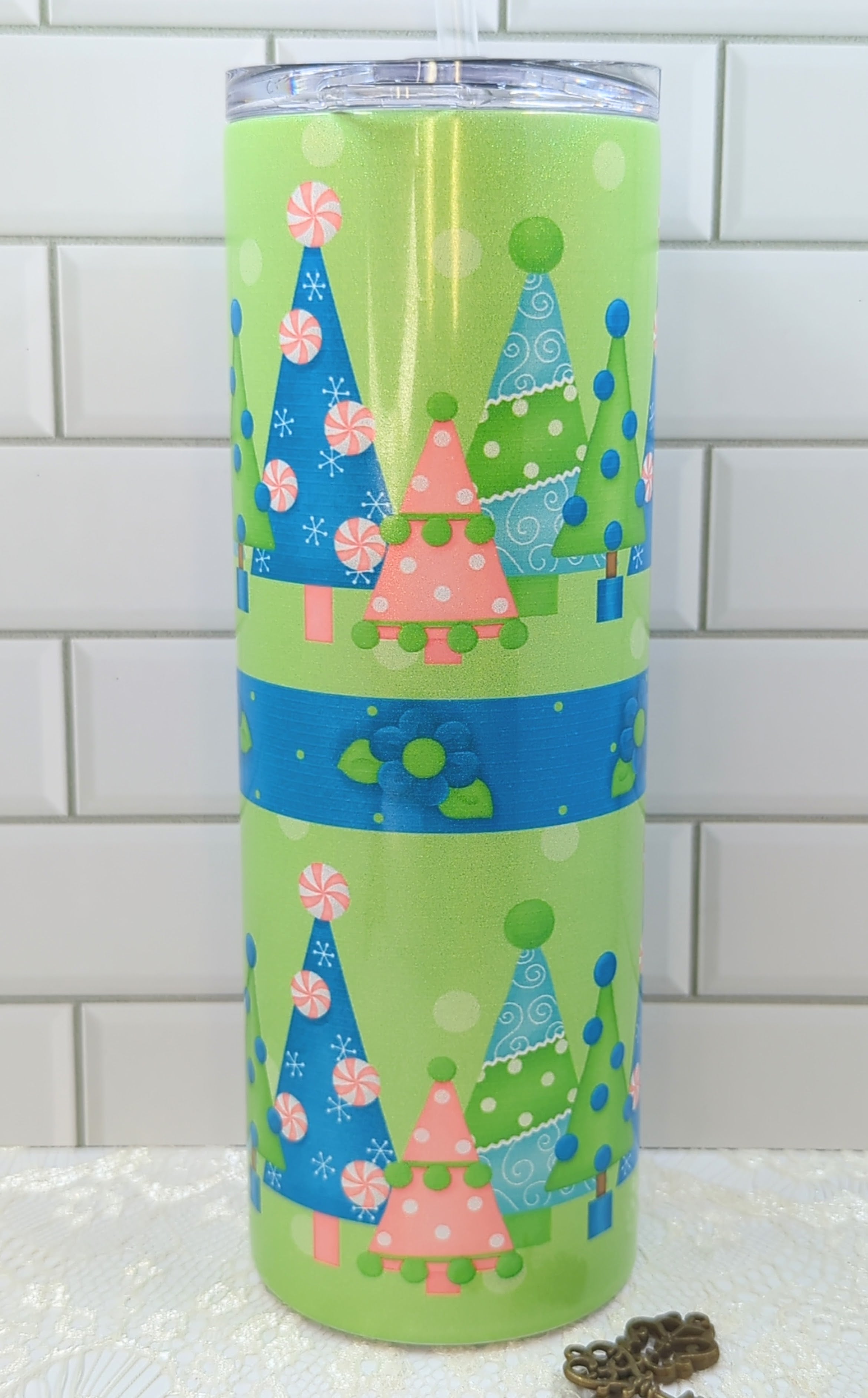 20 oz Whimsical Christmas Trees on a Glittered Sublimation Tumbler