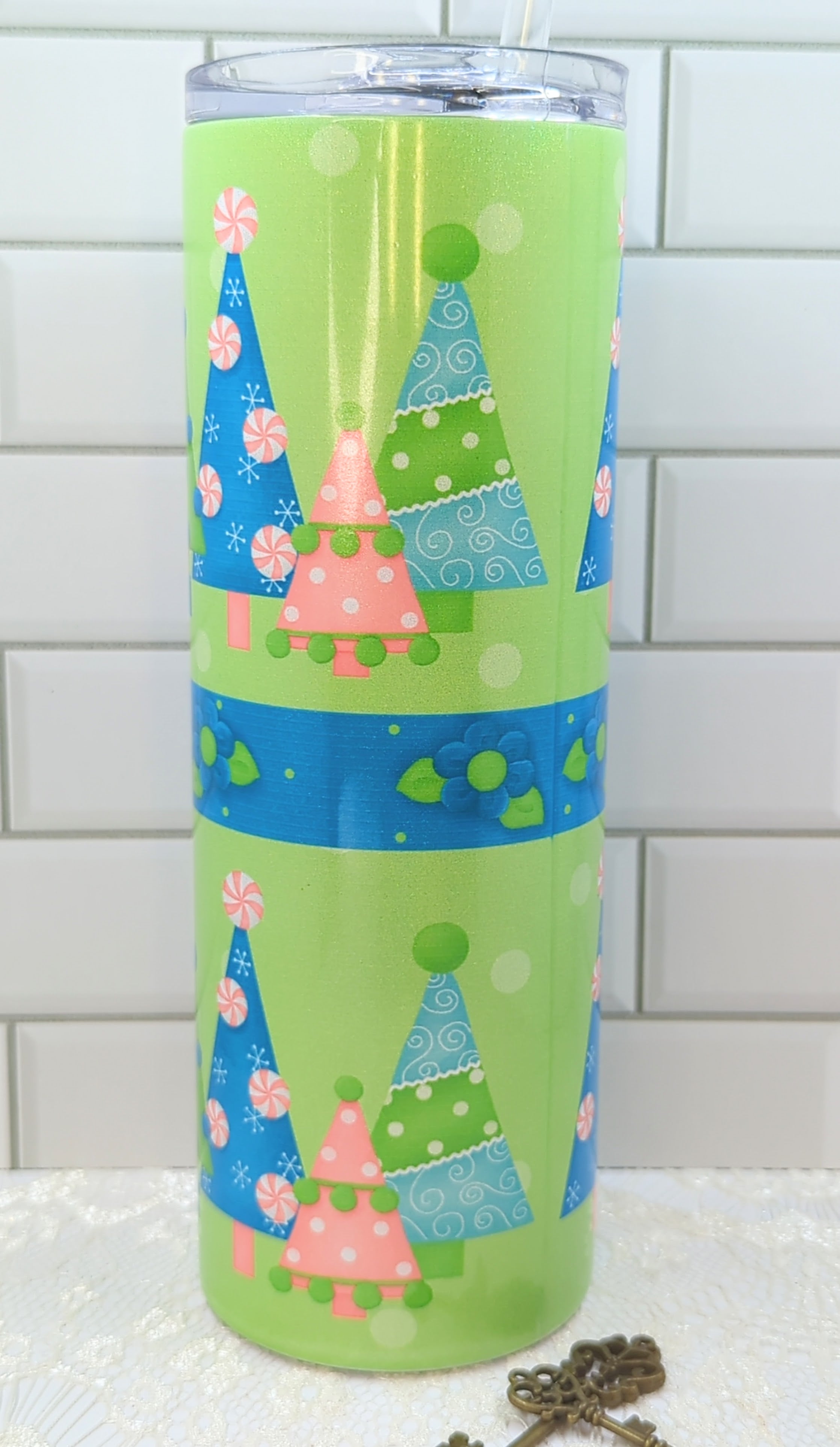 20 oz Whimsical Christmas Trees on a Glittered Sublimation Tumbler
