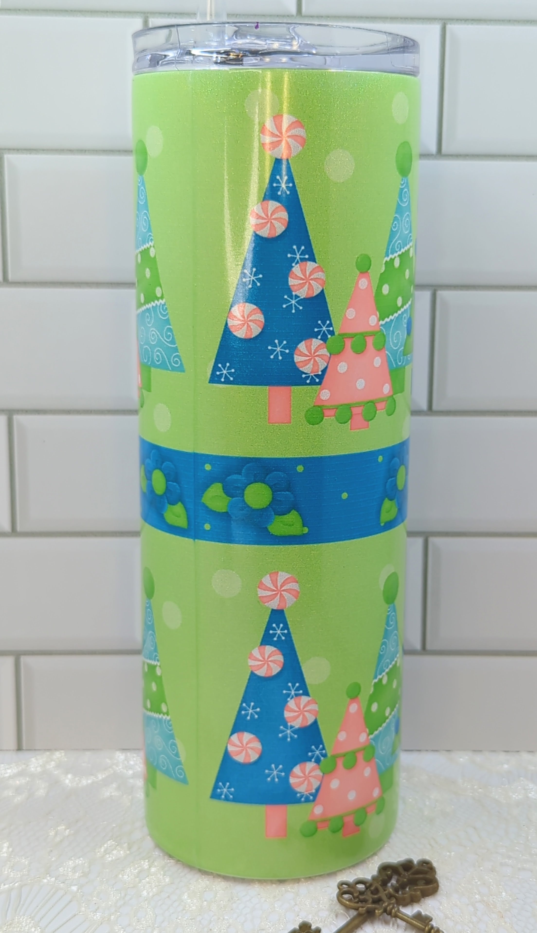20 oz Whimsical Christmas Trees on a Glittered Sublimation Tumbler