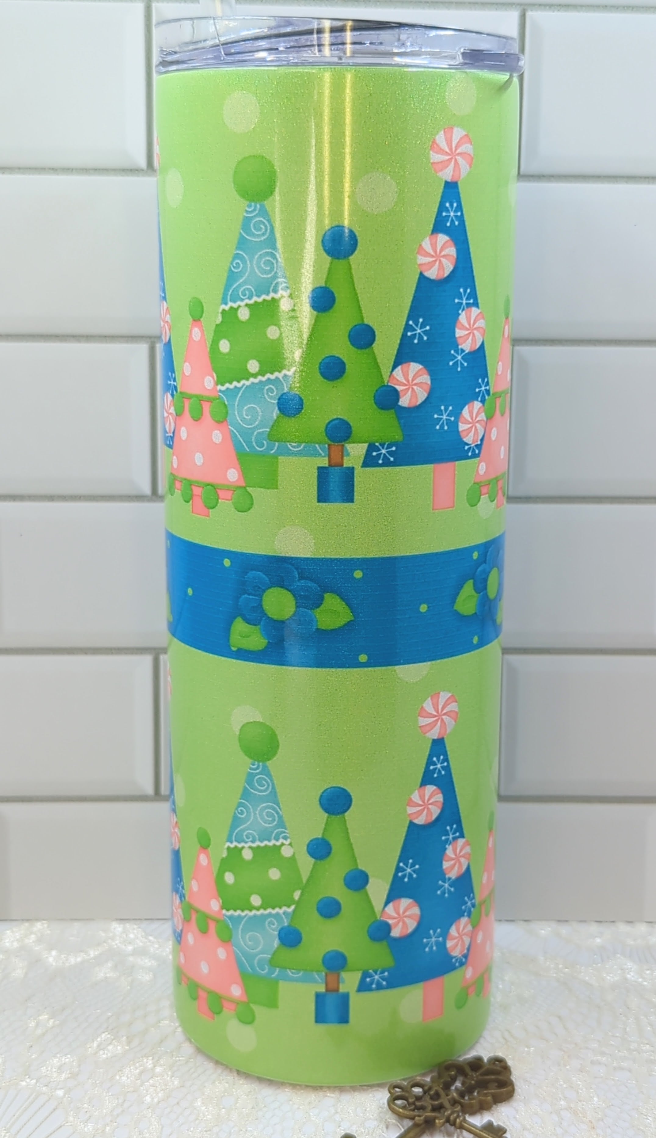 20 oz Whimsical Christmas Trees on a Glittered Sublimation Tumbler