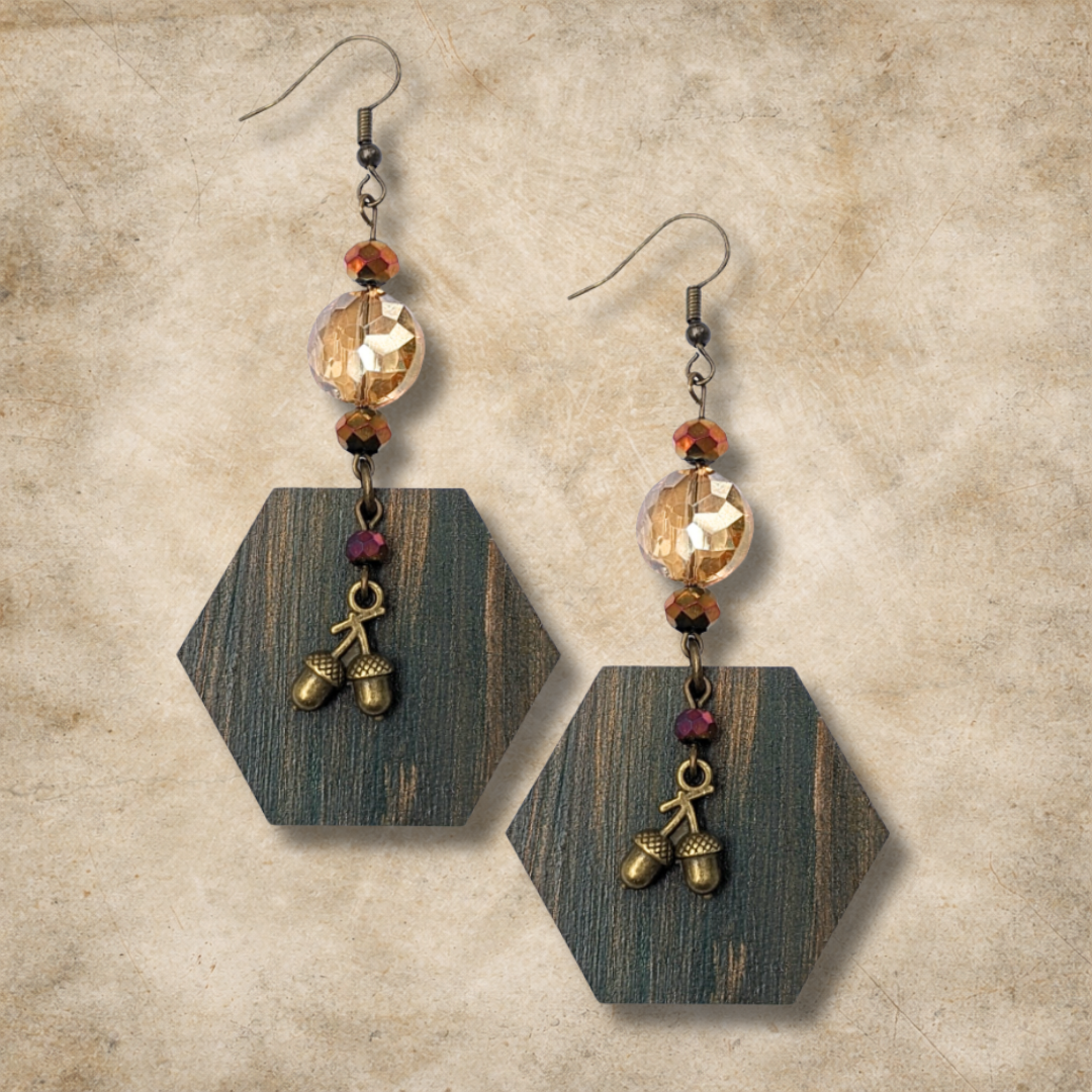 Autumn Woods Green Hexagon Earrings