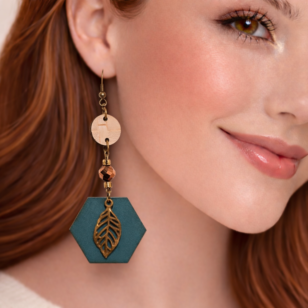 Autumn Woods Teal Hexagon Earrings