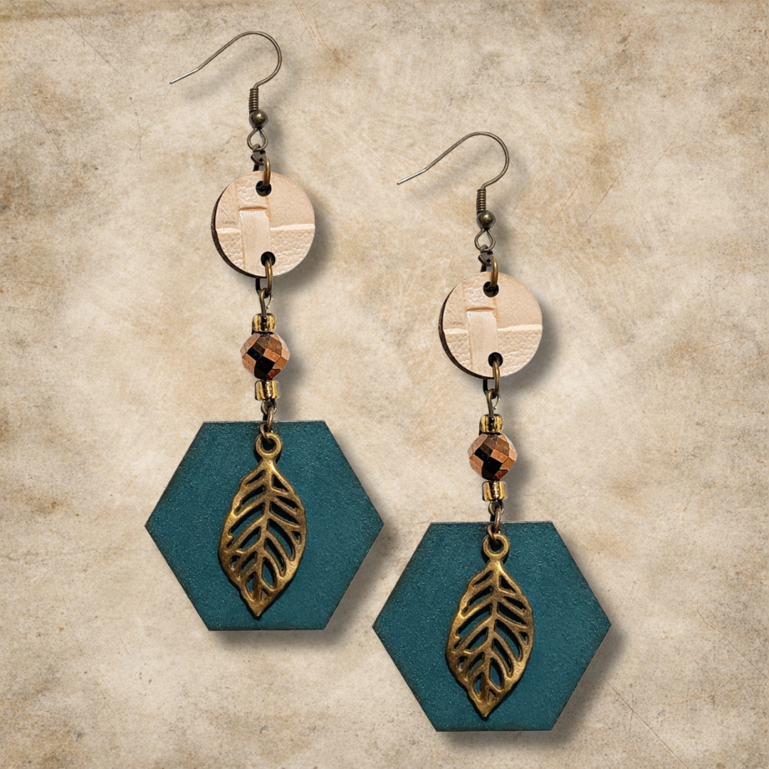 Autumn Woods Teal Hexagon Earrings