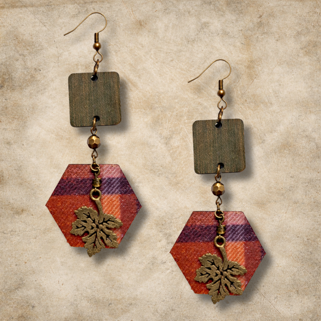 Autumn Woods Flannel Hexagon Earrings