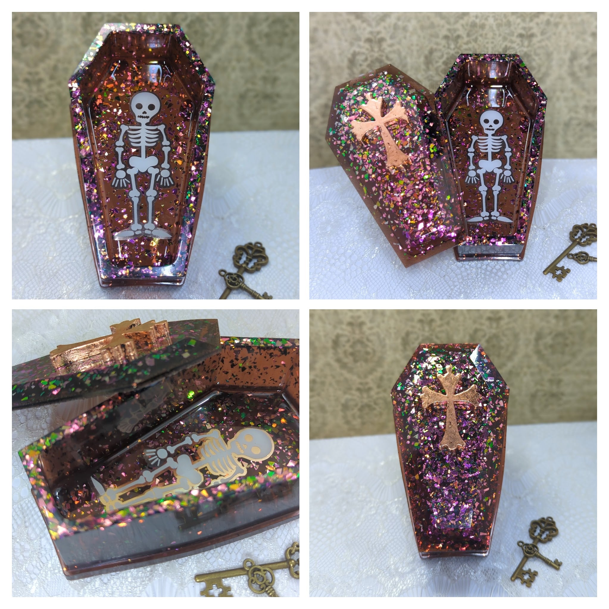 Coffin Resin Container with Lid (Mixed Glitter with Brown/Rose Gold)