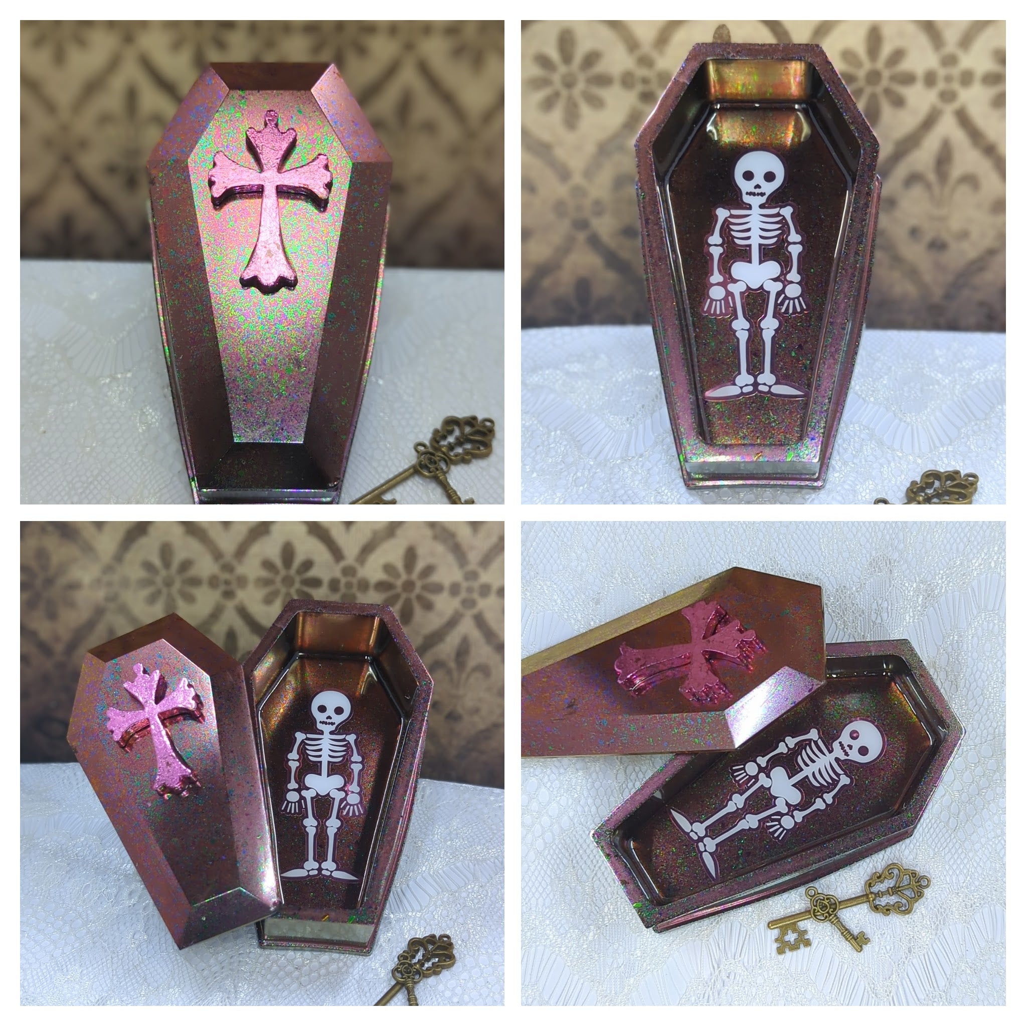 Coffin Resin Container with Lid (Green Flake and Pink)