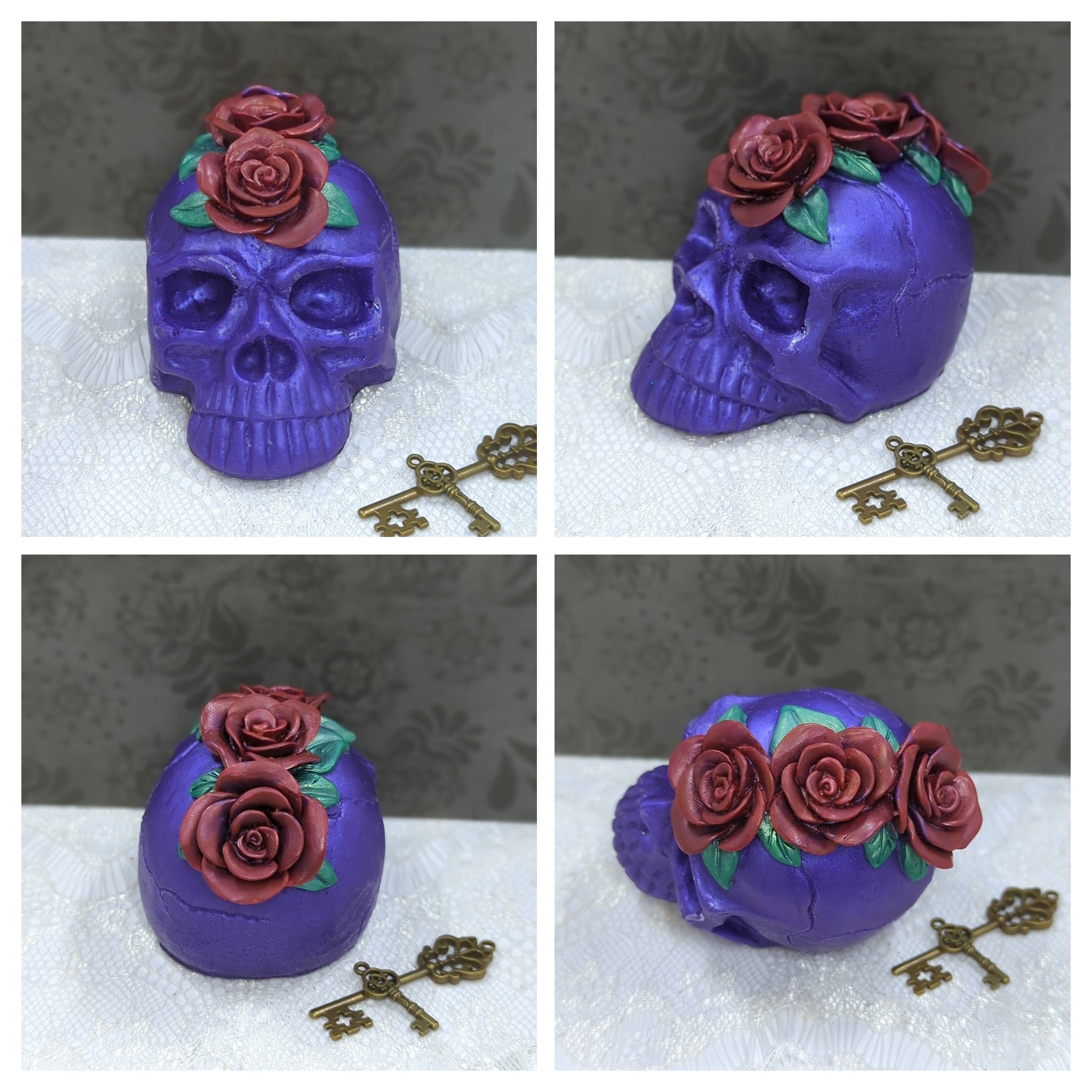 Floral Mohawk Resin Skull (Purple/Red)