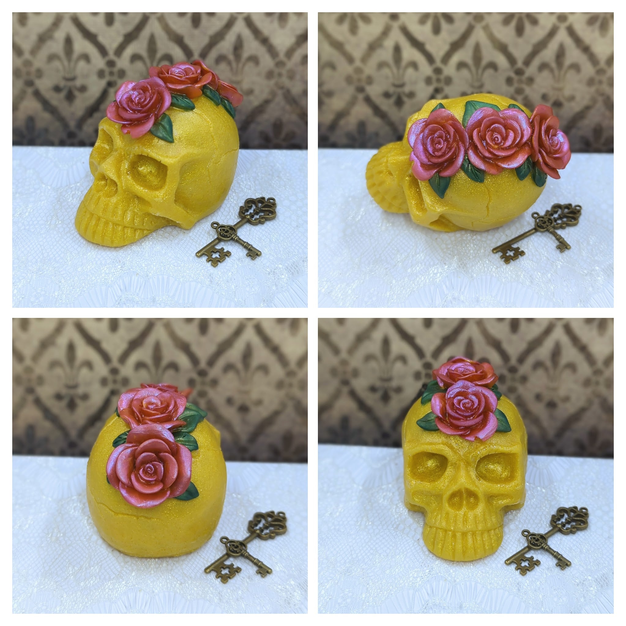 Floral Mohawk Resin Skull (Yellow/Light Red)