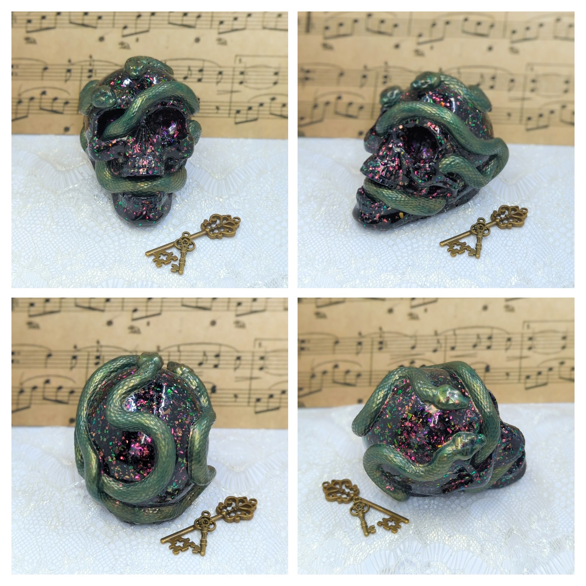 Skull with Snakes Resin Decor (Green and Black w/ Color Shifting Glitter)