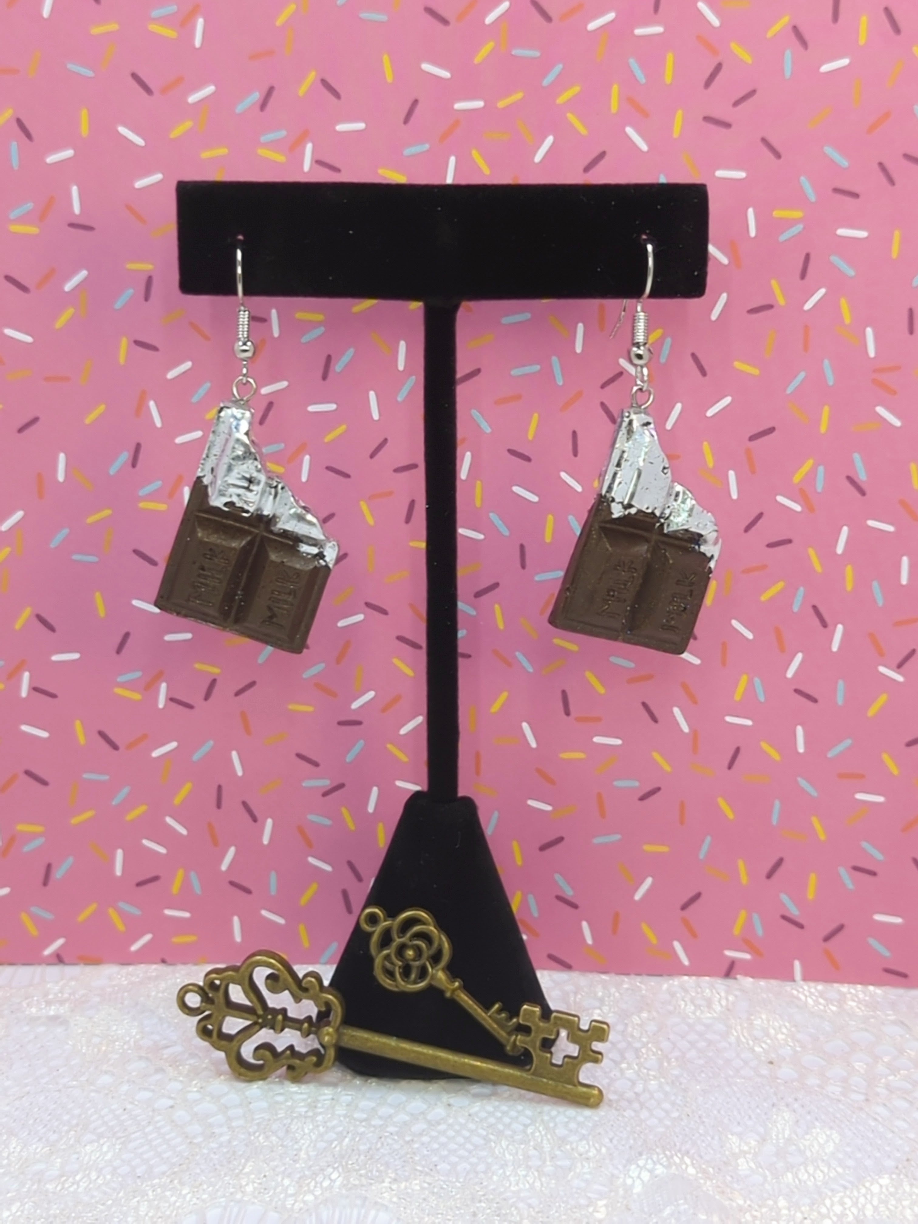 Chocolate Bar Resin Earrings (Silver Plated Hooks)