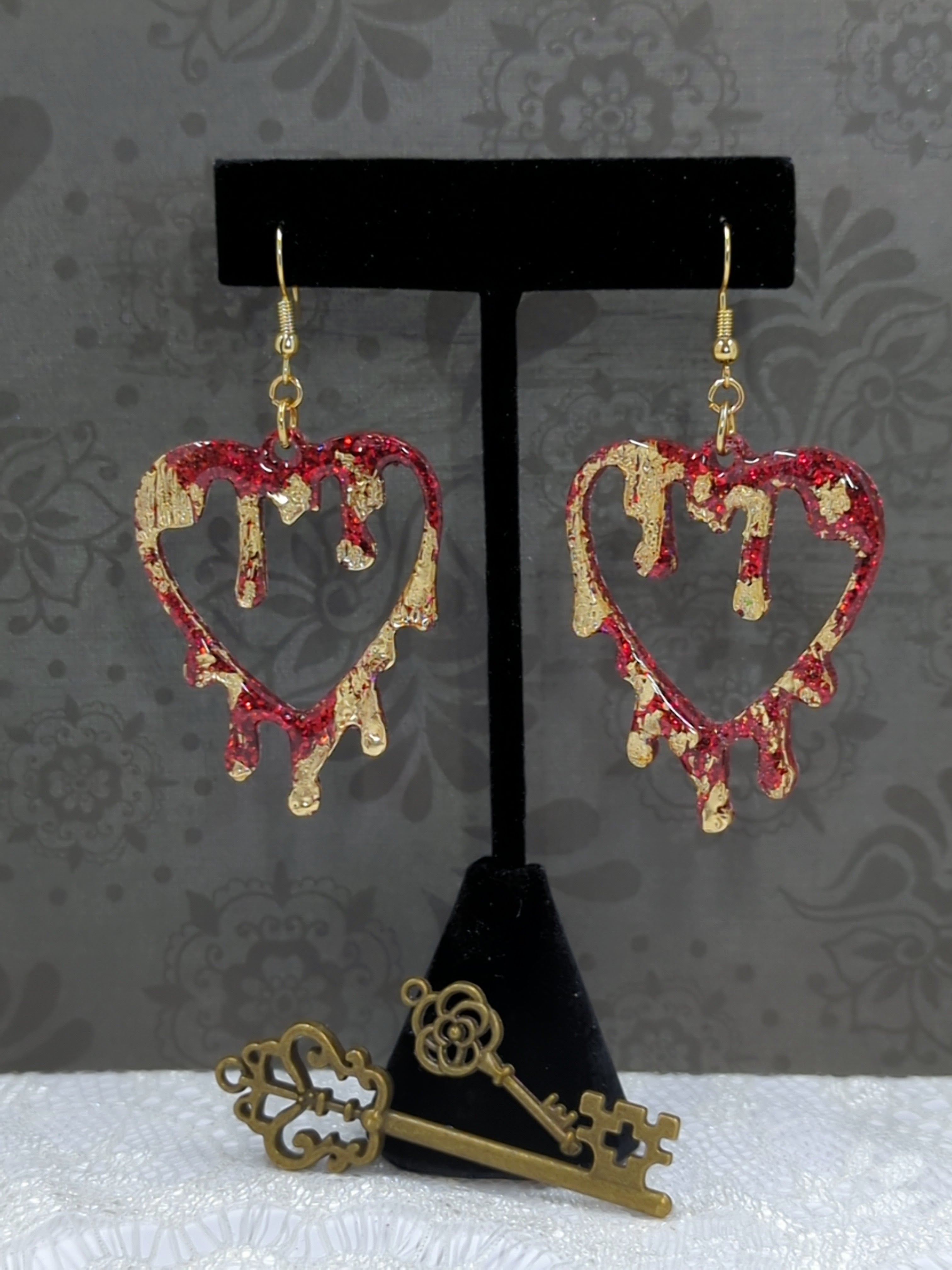 Dripping Heart Resin Earrings (Red/Gold)