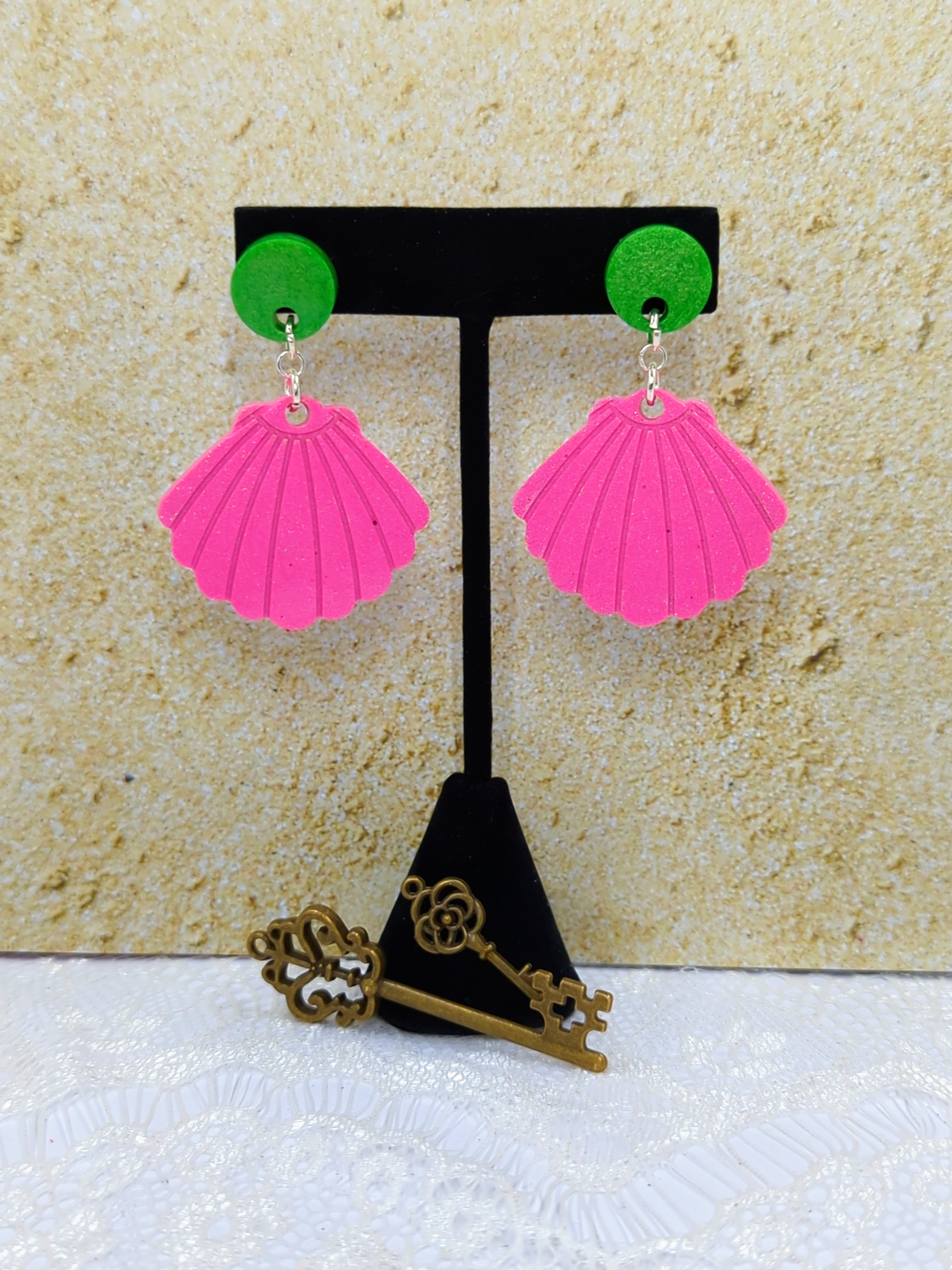 Shell Resin Earrings (Lime Green/Hot Pink)