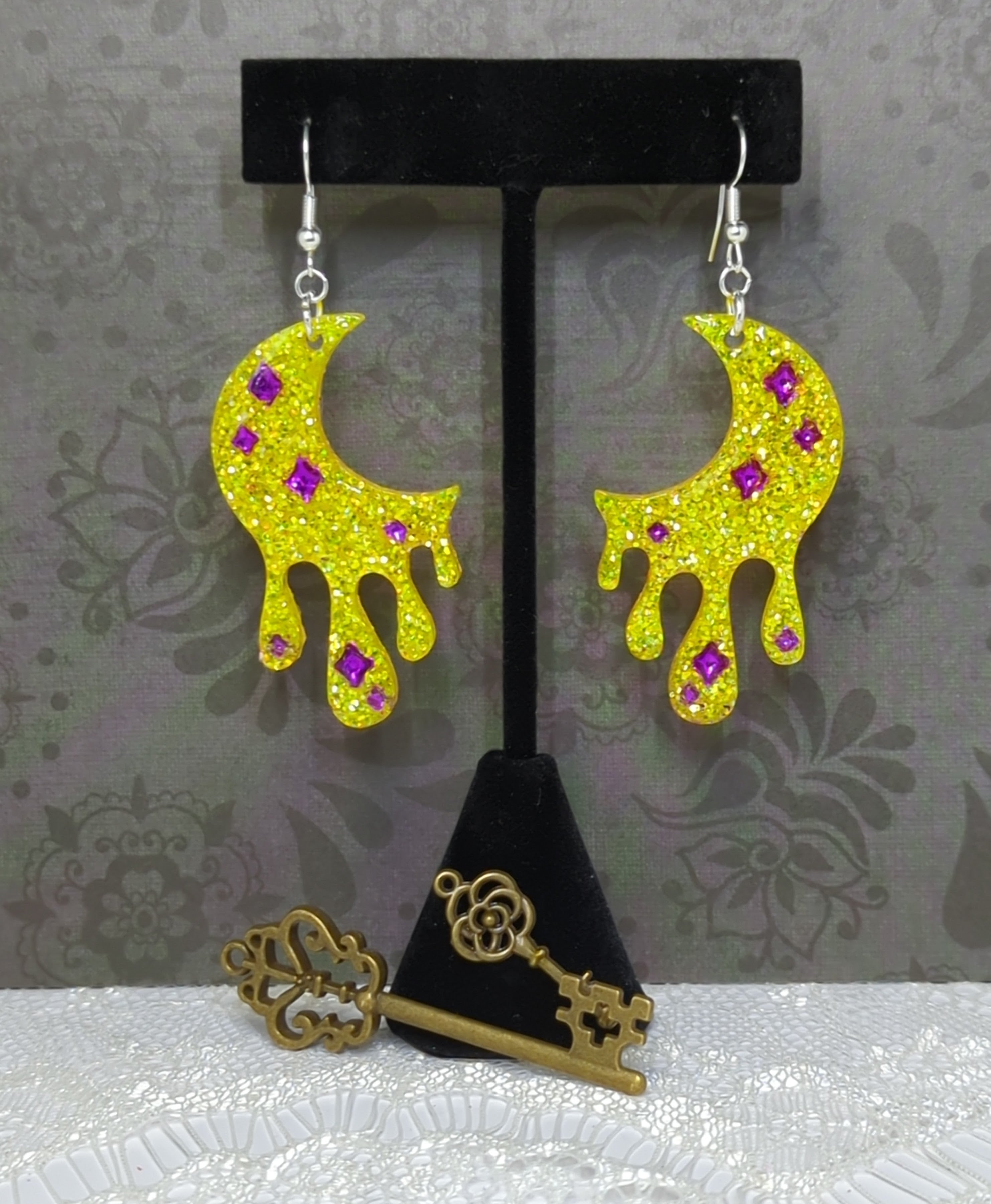Dripping Moon Resin Earrings (Yellow/Purple)