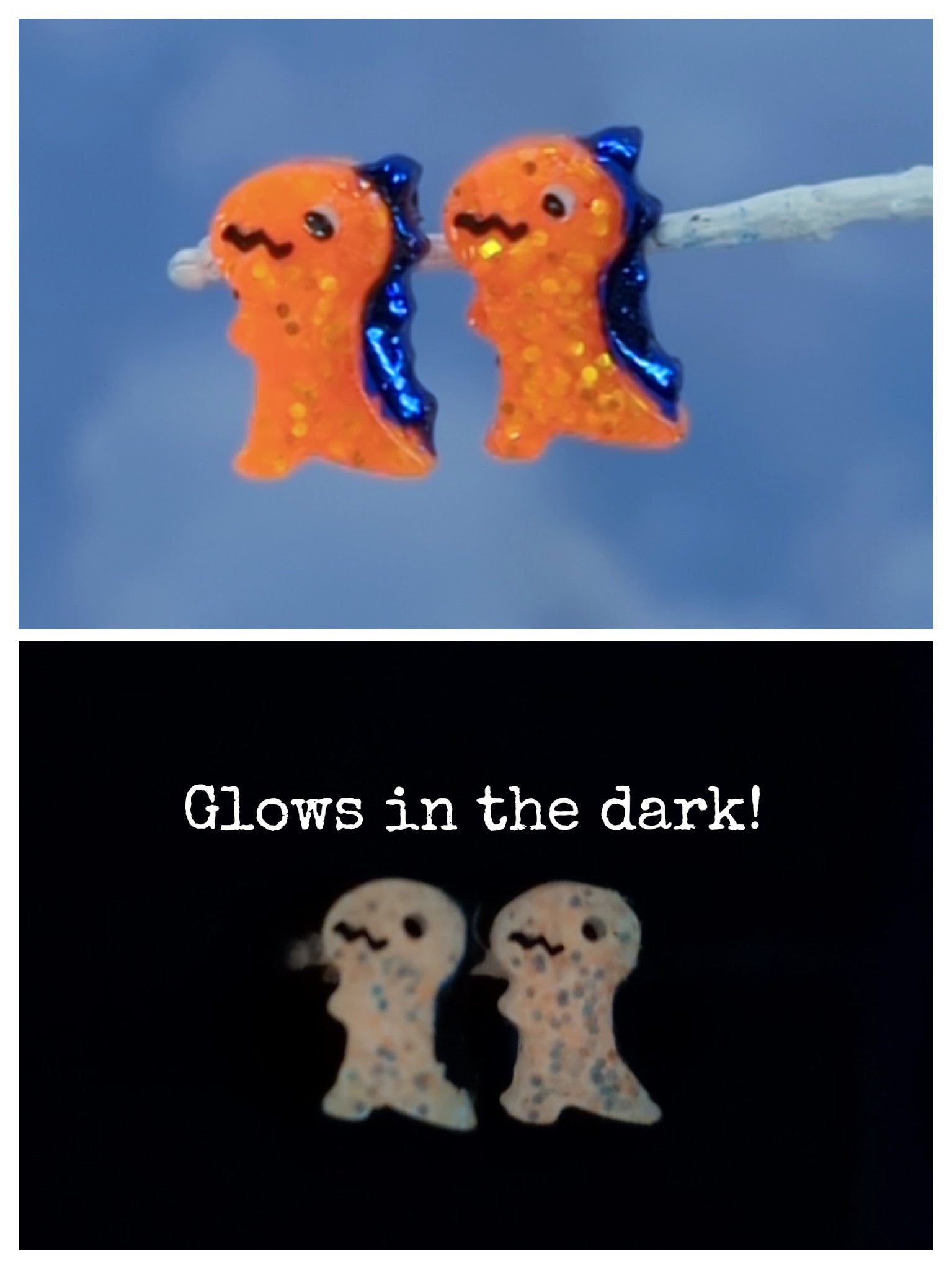 Dinosaur Stud Resin Earrings (Bright Orange w/ Blue Spine/GITD)