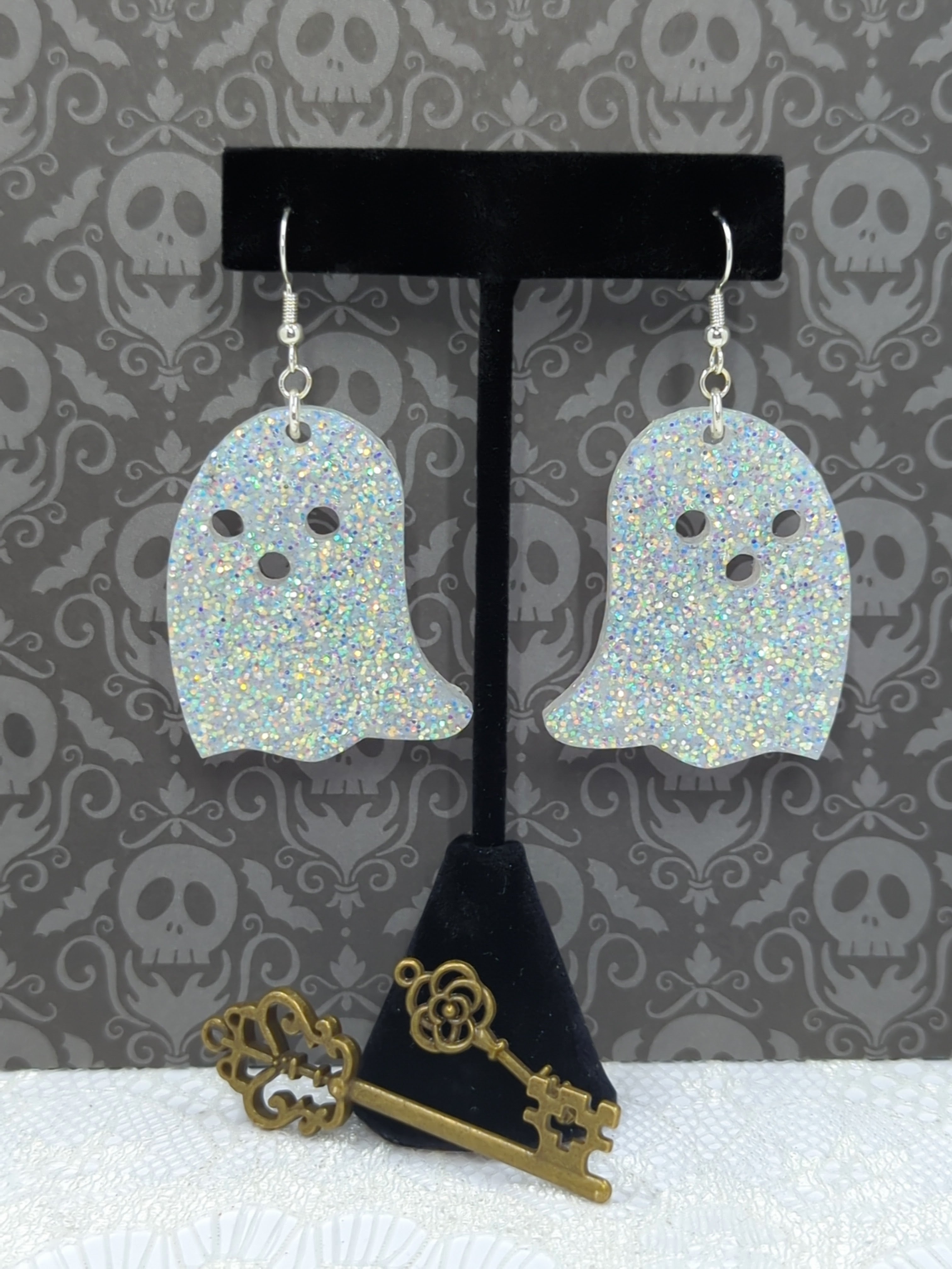 Ghost Resin Earrings (White Iridescent Glitter)