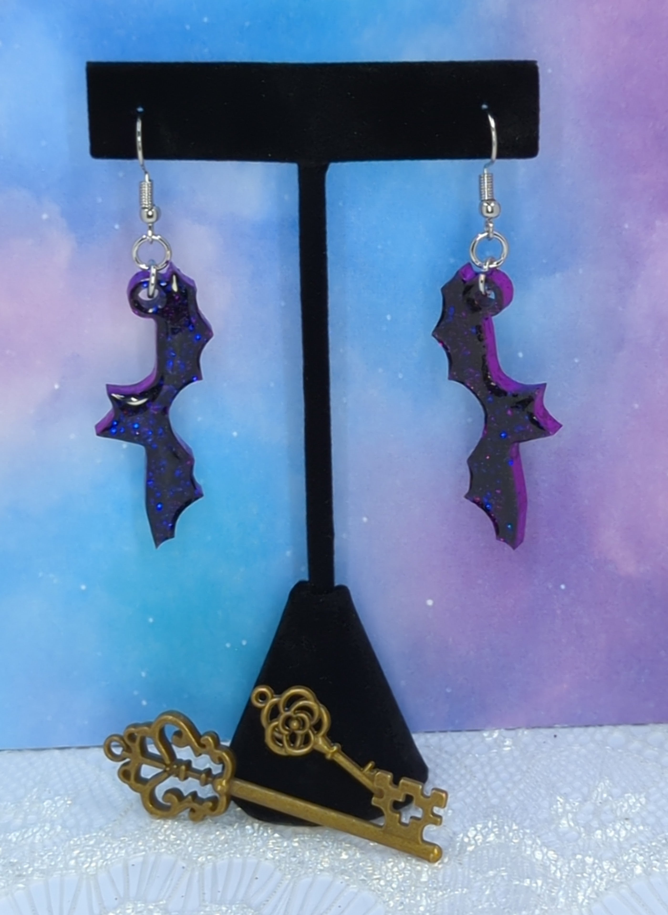 Bat Resin Earrings (Black with Purple Trim)