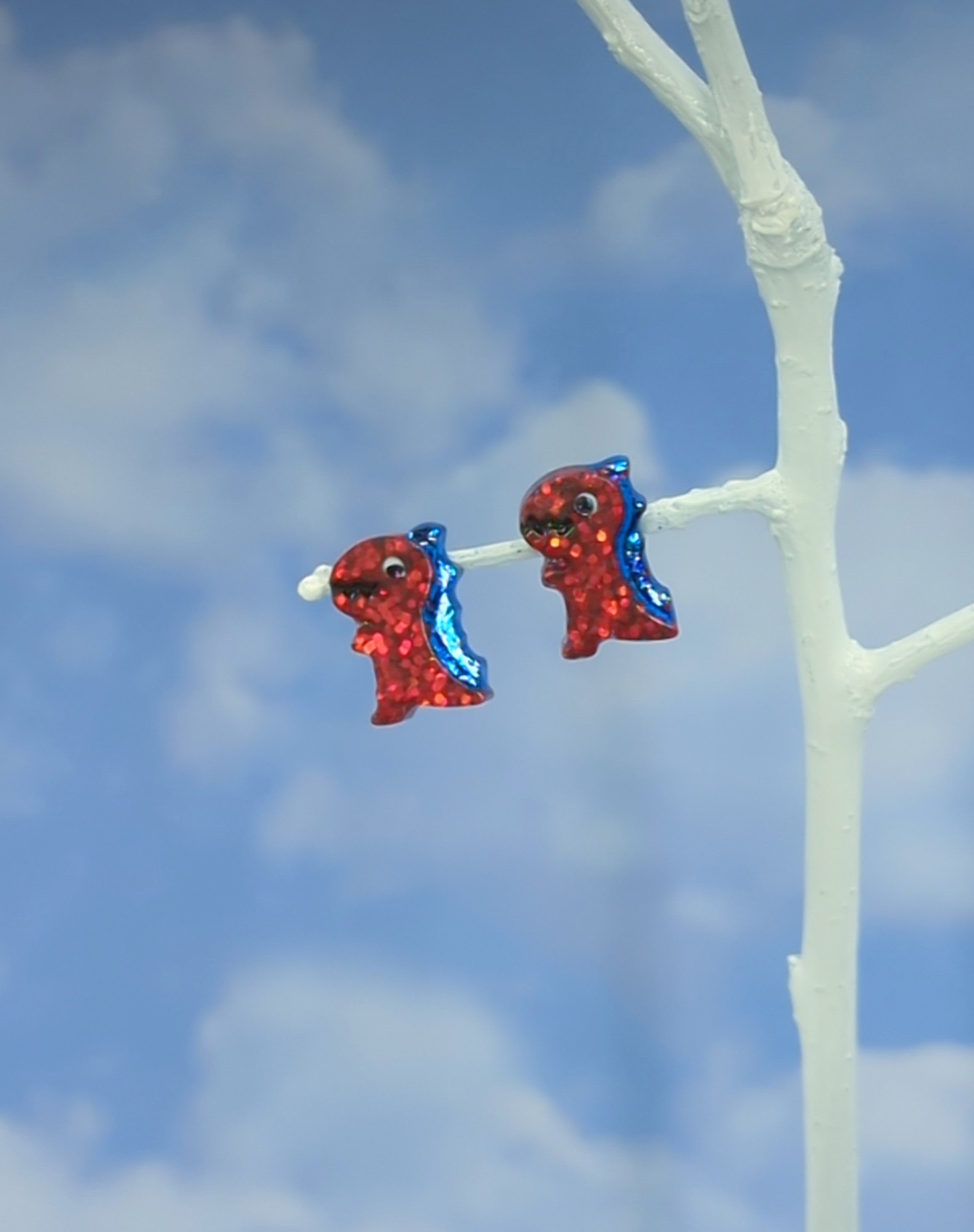 Dinosaur Stud Resin Earrings (Red w/ Blue Spine)