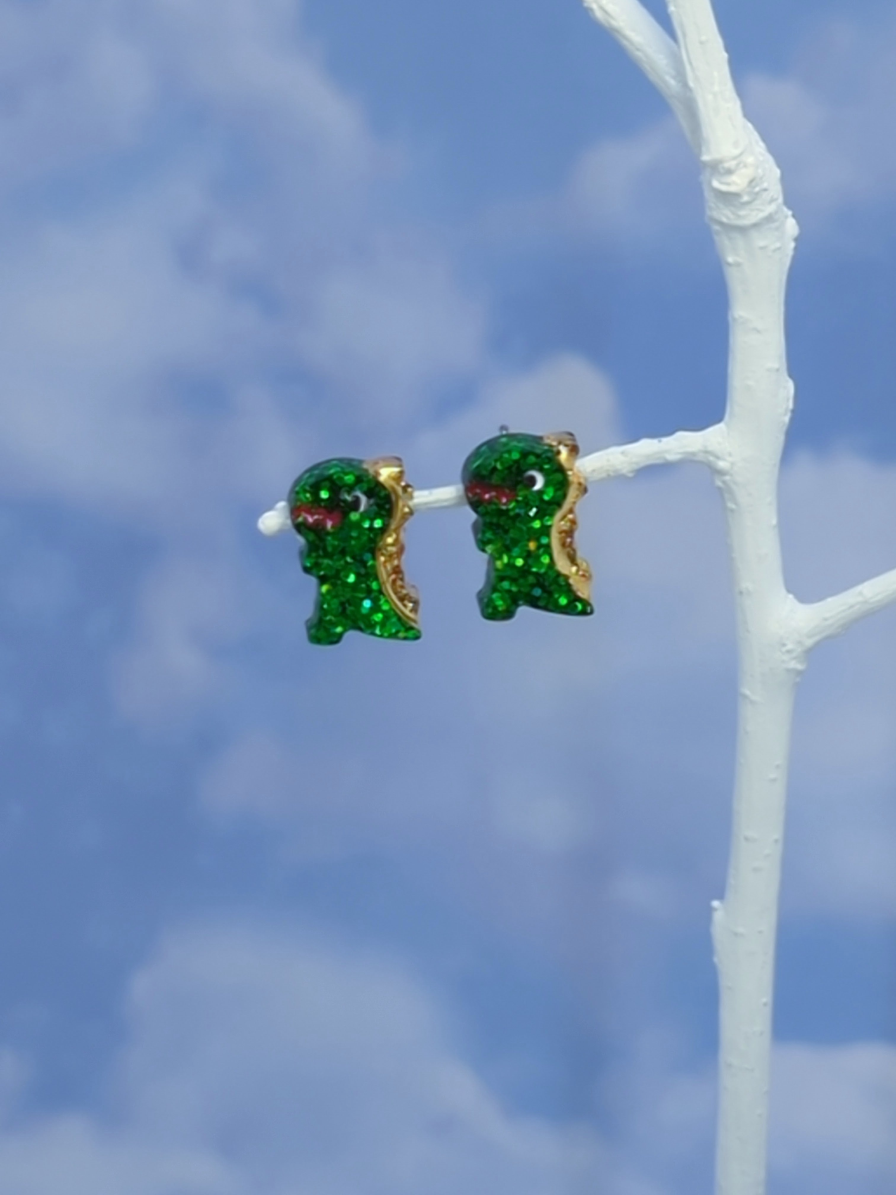 Dinosaur Stud Resin Earrings (Green w/ Gold Spine)