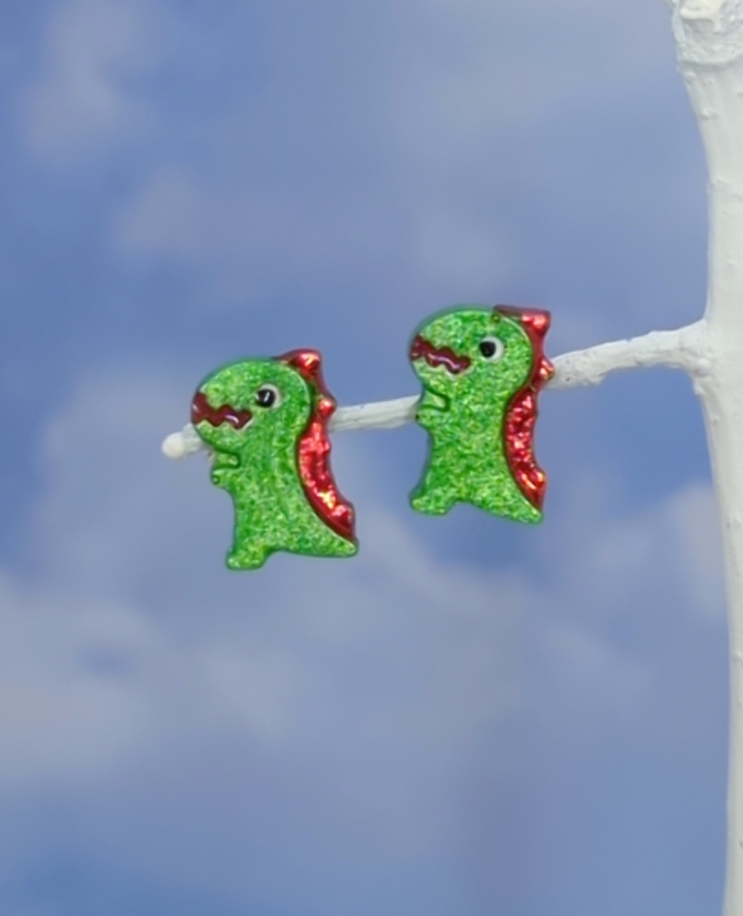Dinosaur Stud Resin Earrings (Lime Green w/ Red Spine)