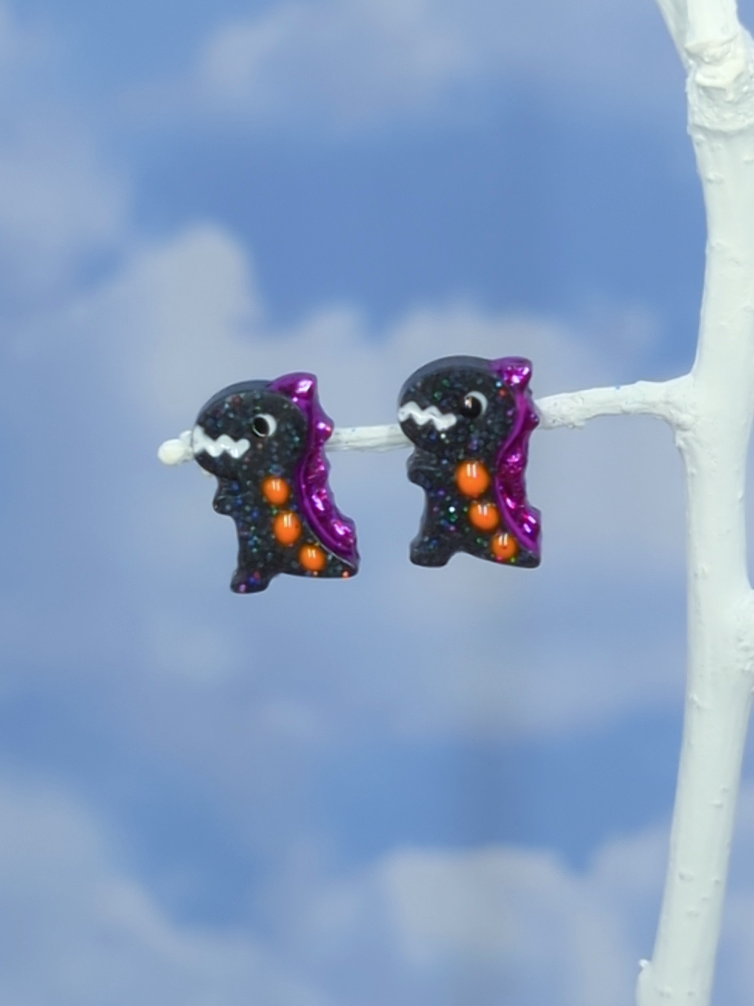 Dinosaur Stud Resin Earrings (Black w/ Magenta Spine and Orange Dots)
