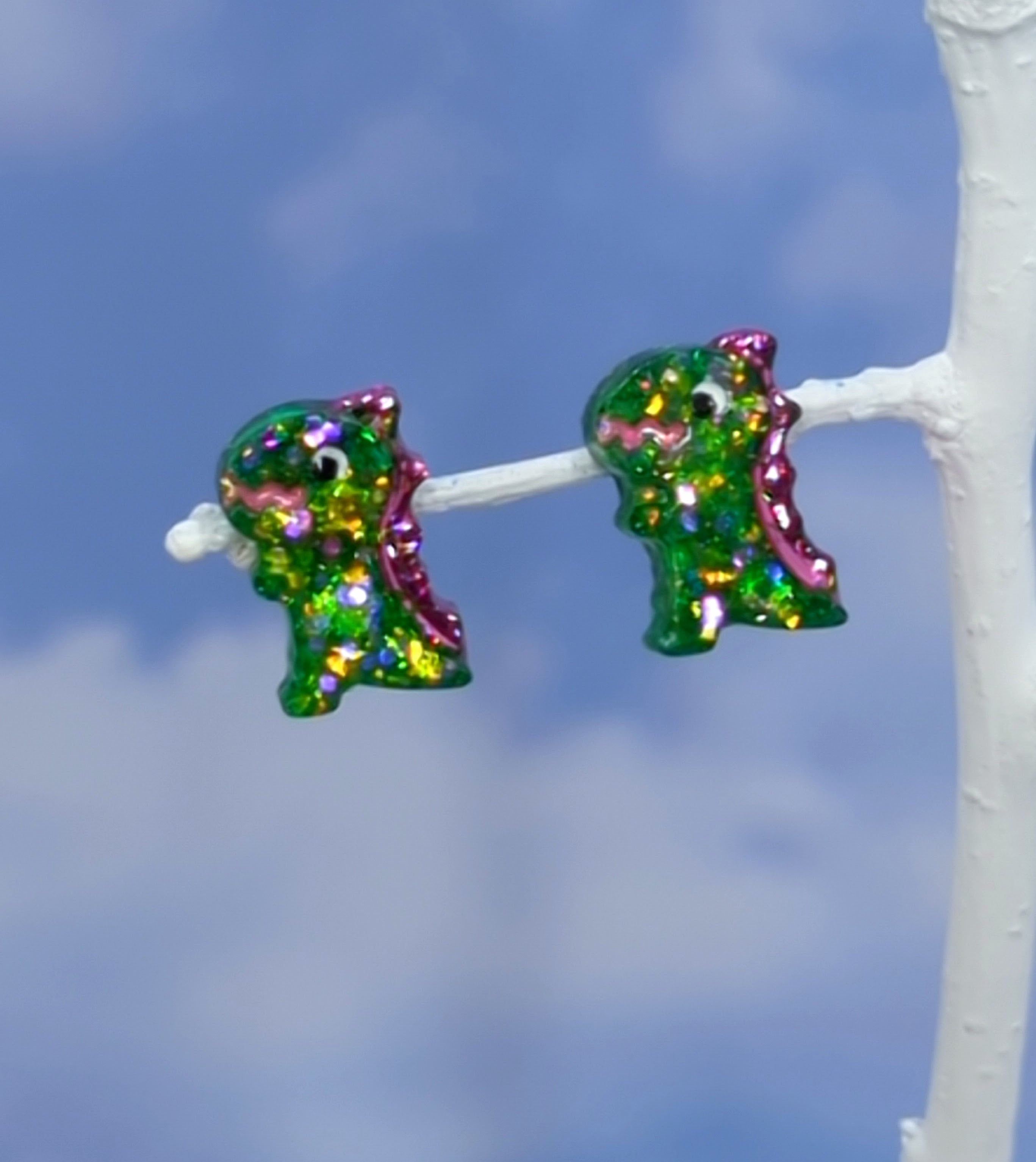 Dinosaur Stud Resin Earrings (Green Mixed Glitter w/ Pink Spine)
