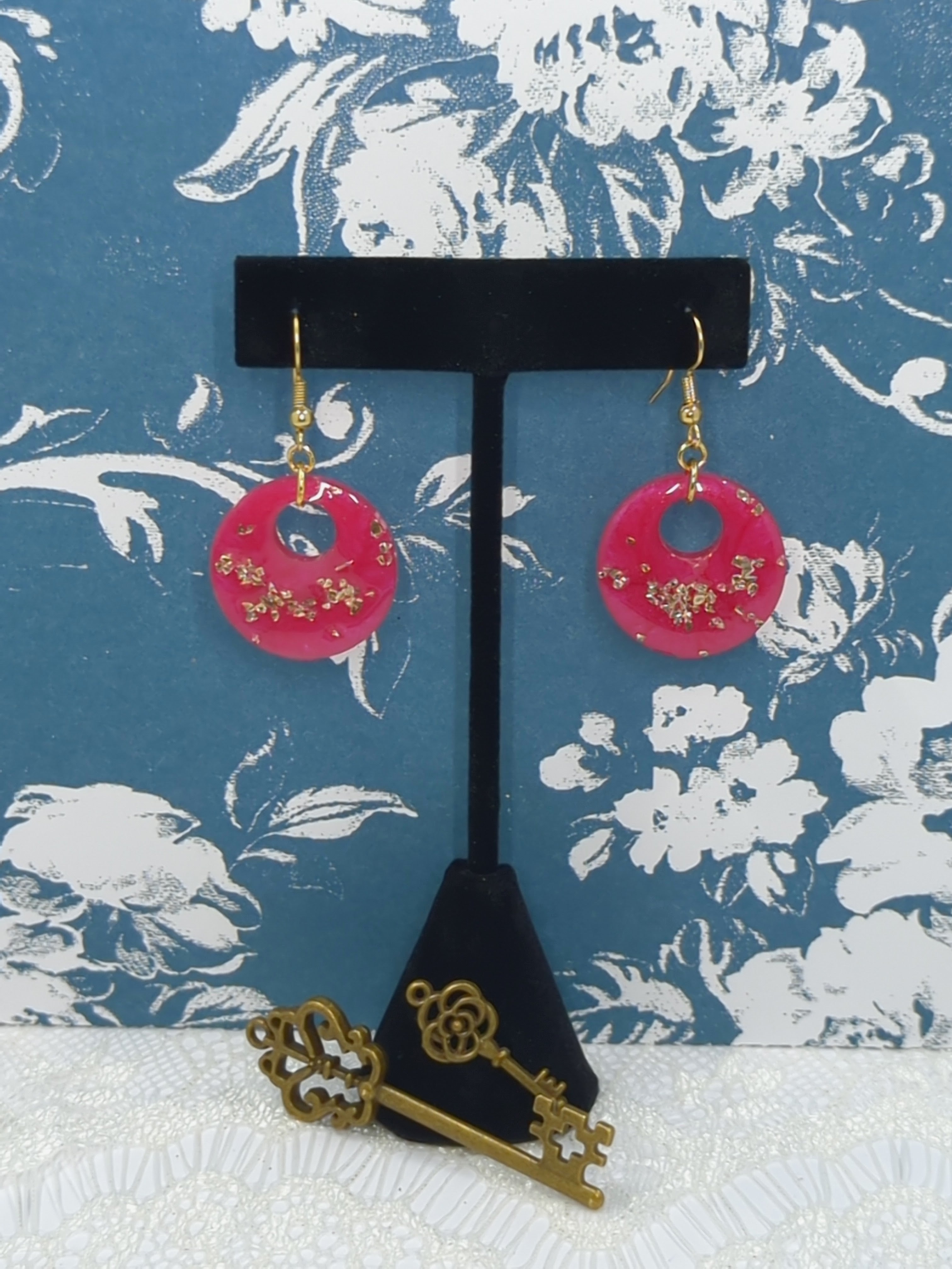 Small Circle Resin Earrings (Pink w/ Gold Flakes)