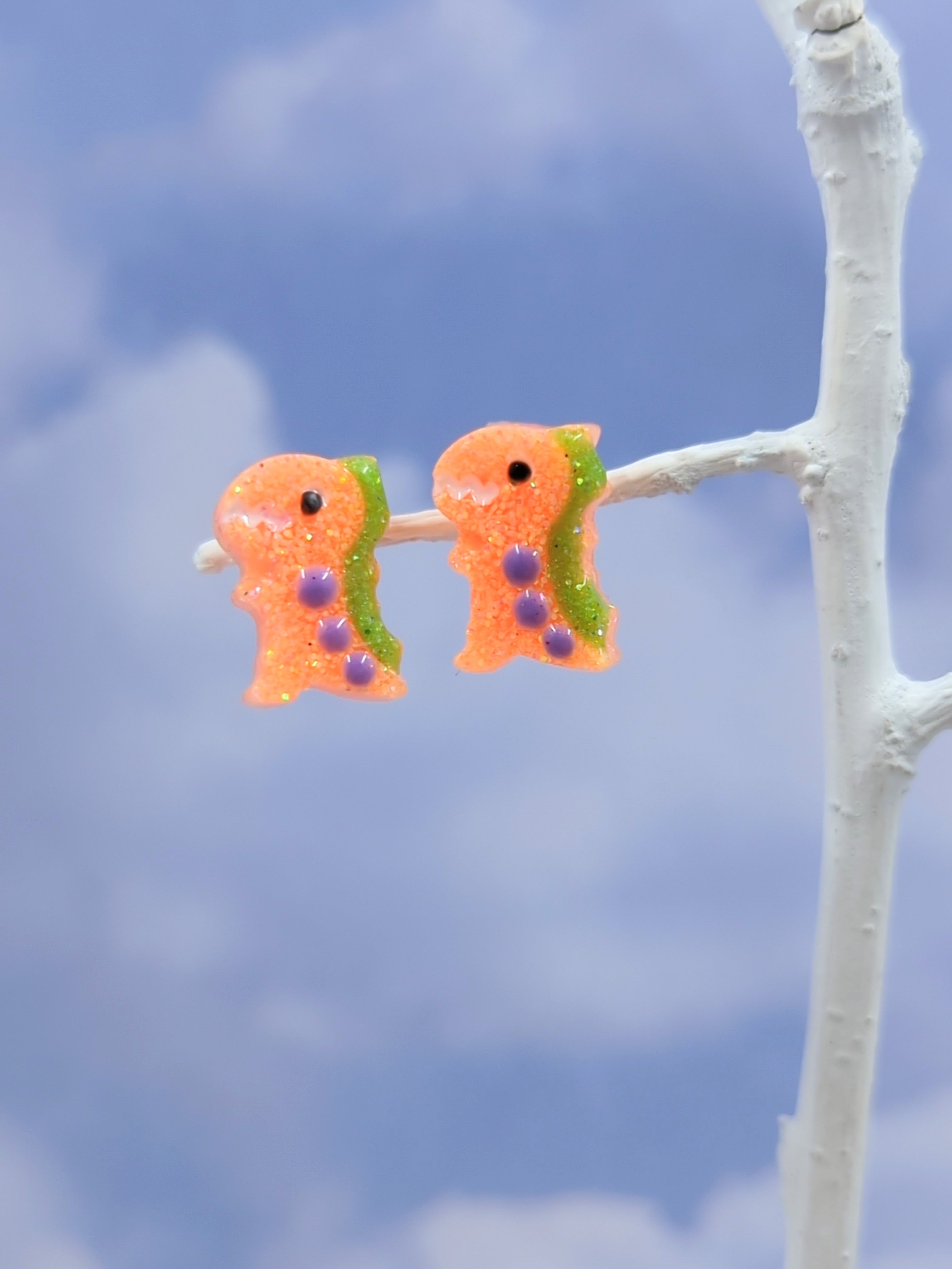 Dinosaur Studd ResinEarrings (Pastel Orange w/ Lime Green Spine and Pastel Purple Dots)
