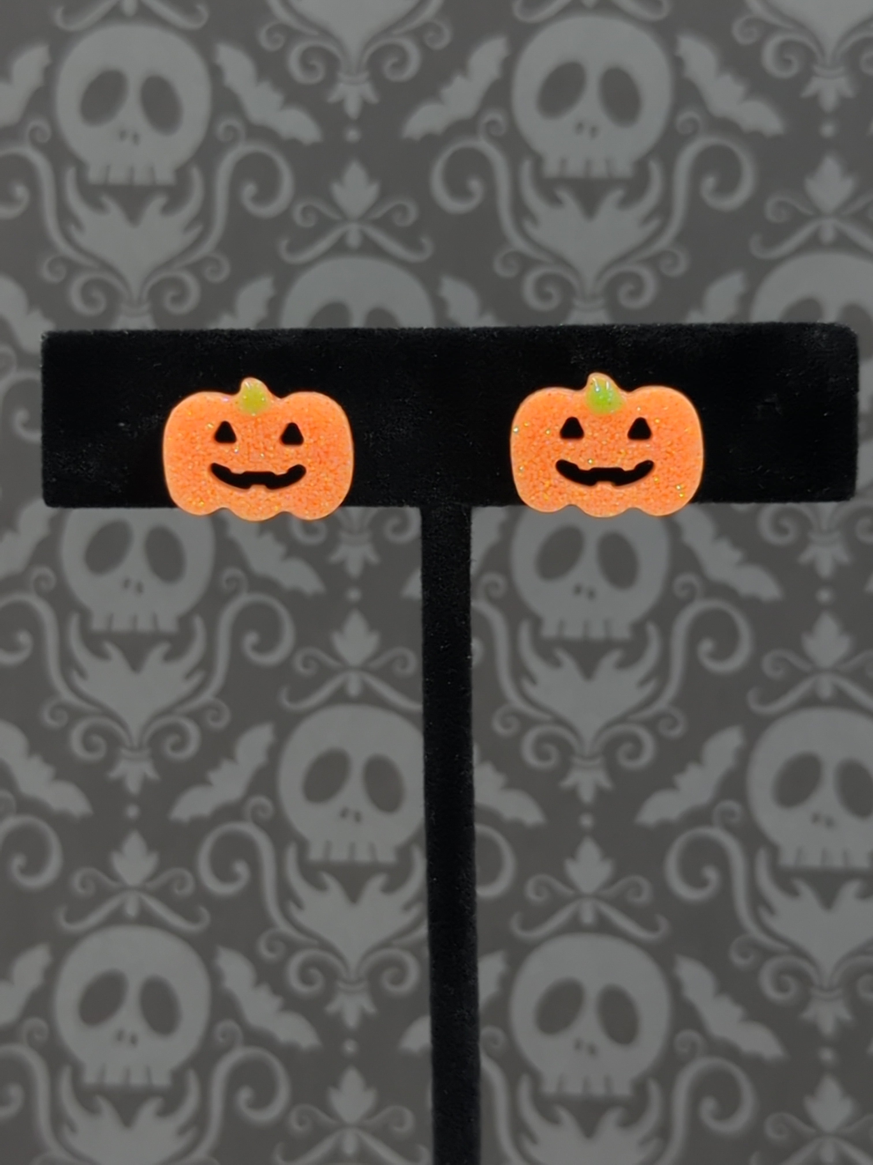 Jack-O-Lantern Stud Resin Earrings (Pastel Orange/Lime Green Stem)
