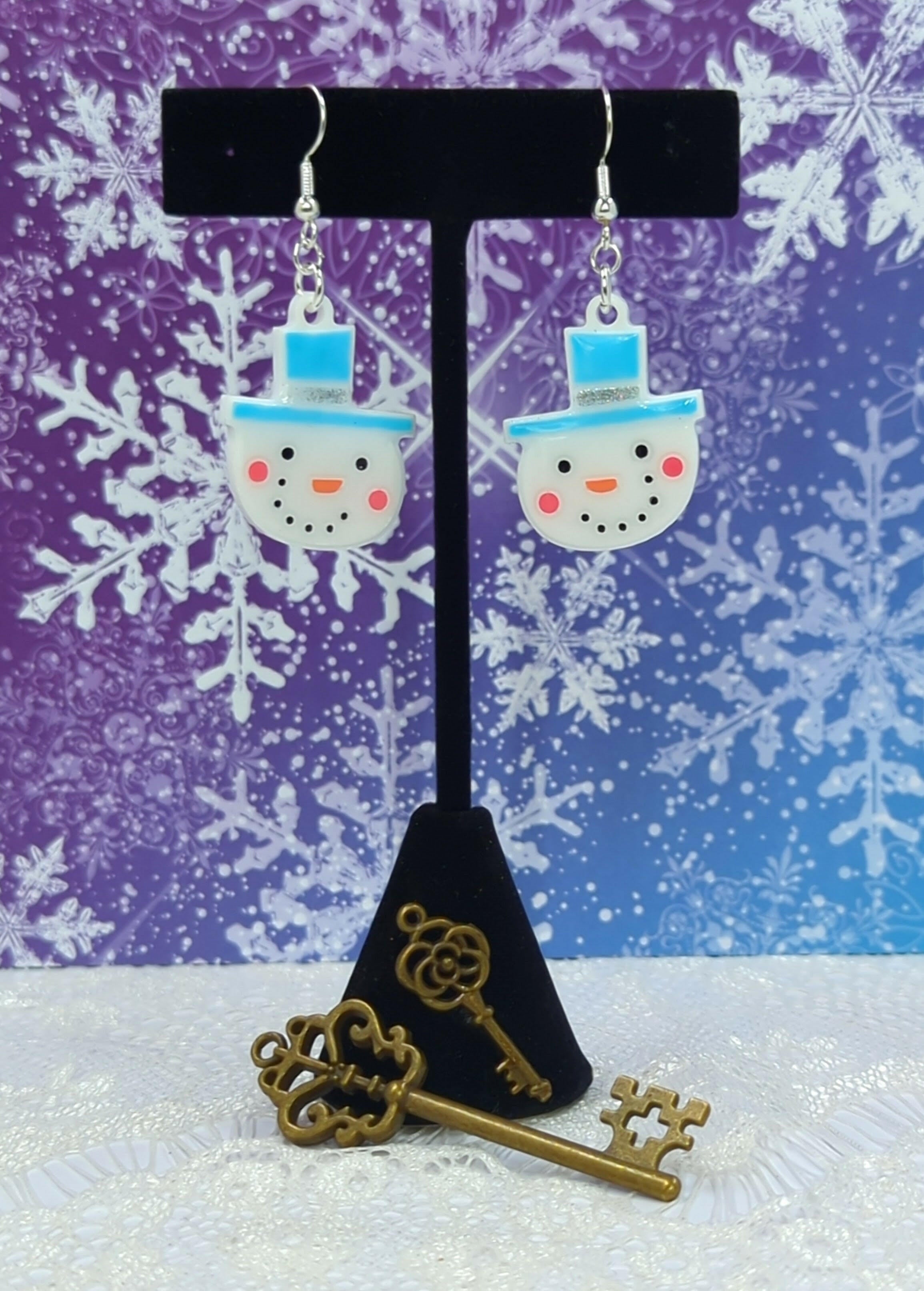 Snowman Face Resin Earrings (Blue/Silver Hat