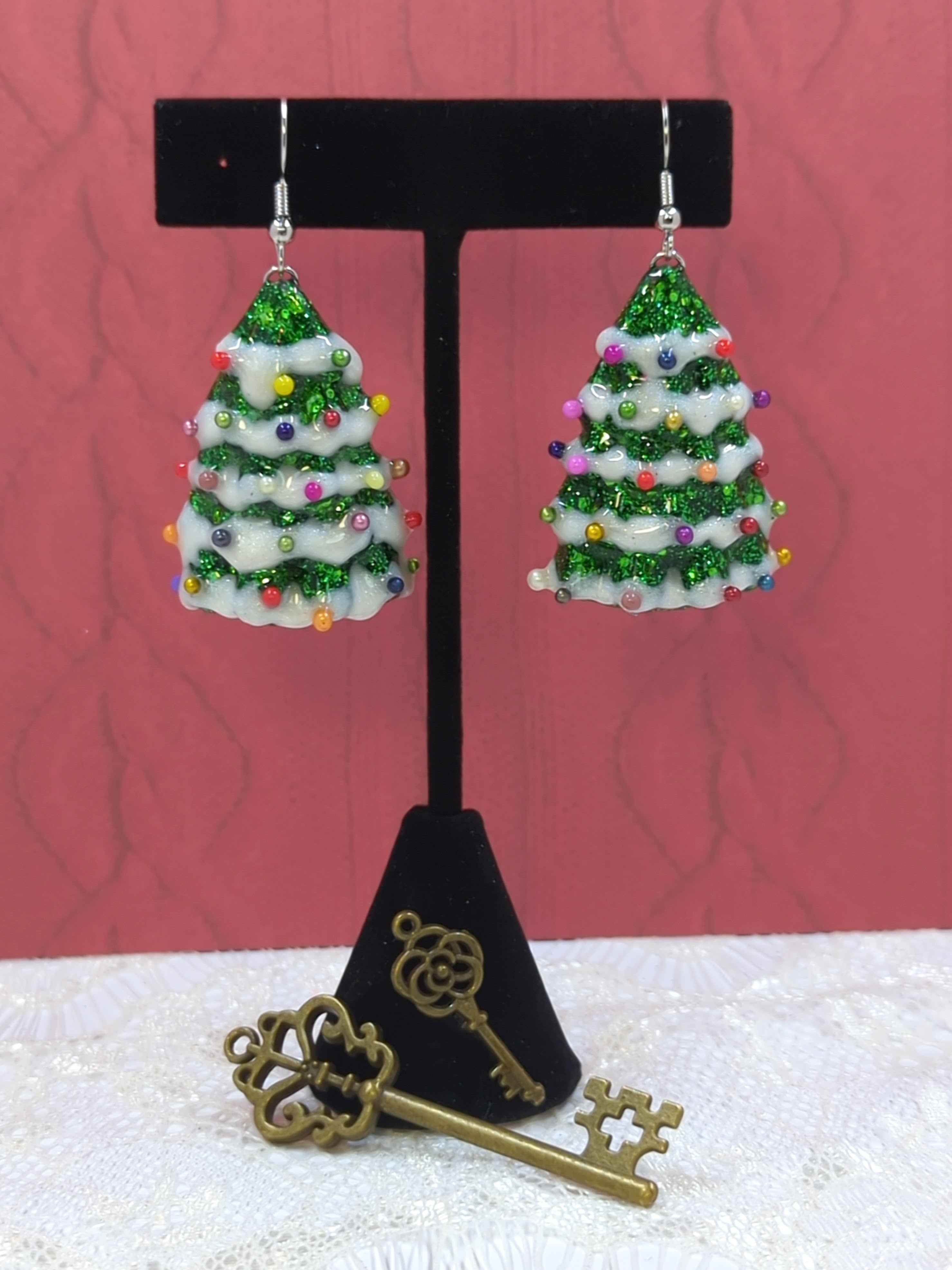 Snow Tipped Christmas Tree Resin Earrings (Green Tree w/ Ornaments)