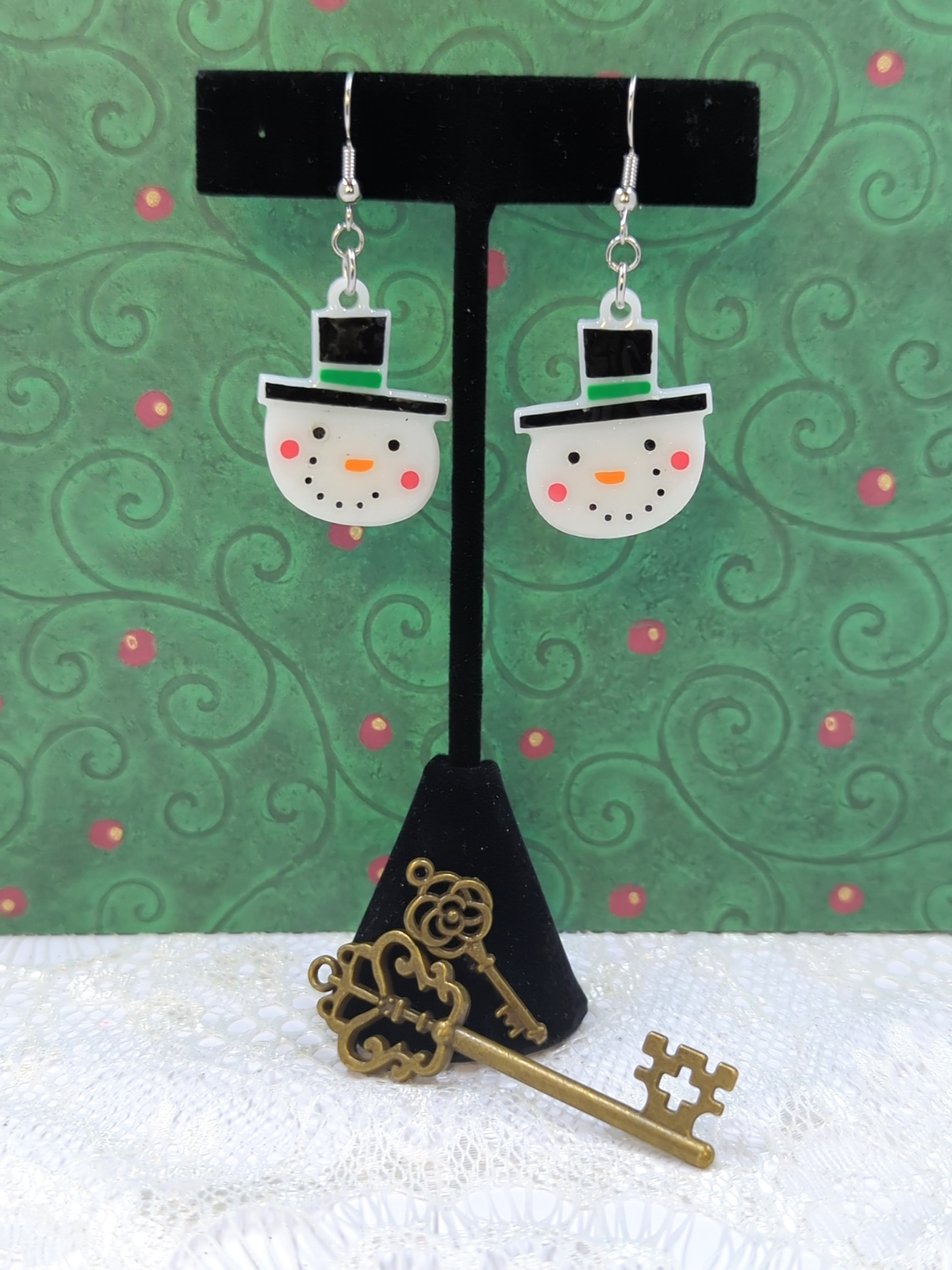 Snowman Face Resin Earrings (Black/Green Hat)