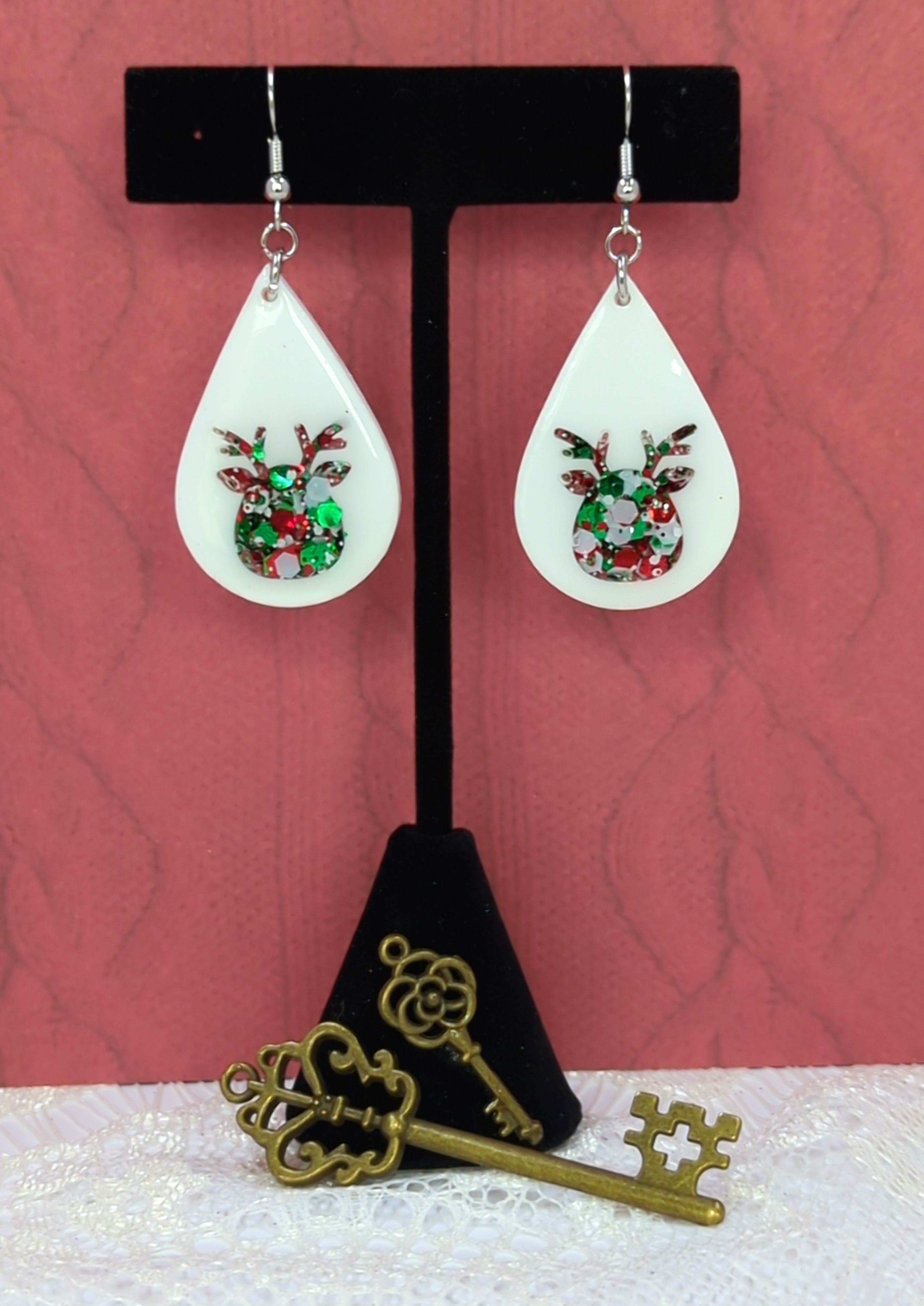 Reindeer Face Teardrop Resin Earring (White and Christmas Glitter)
