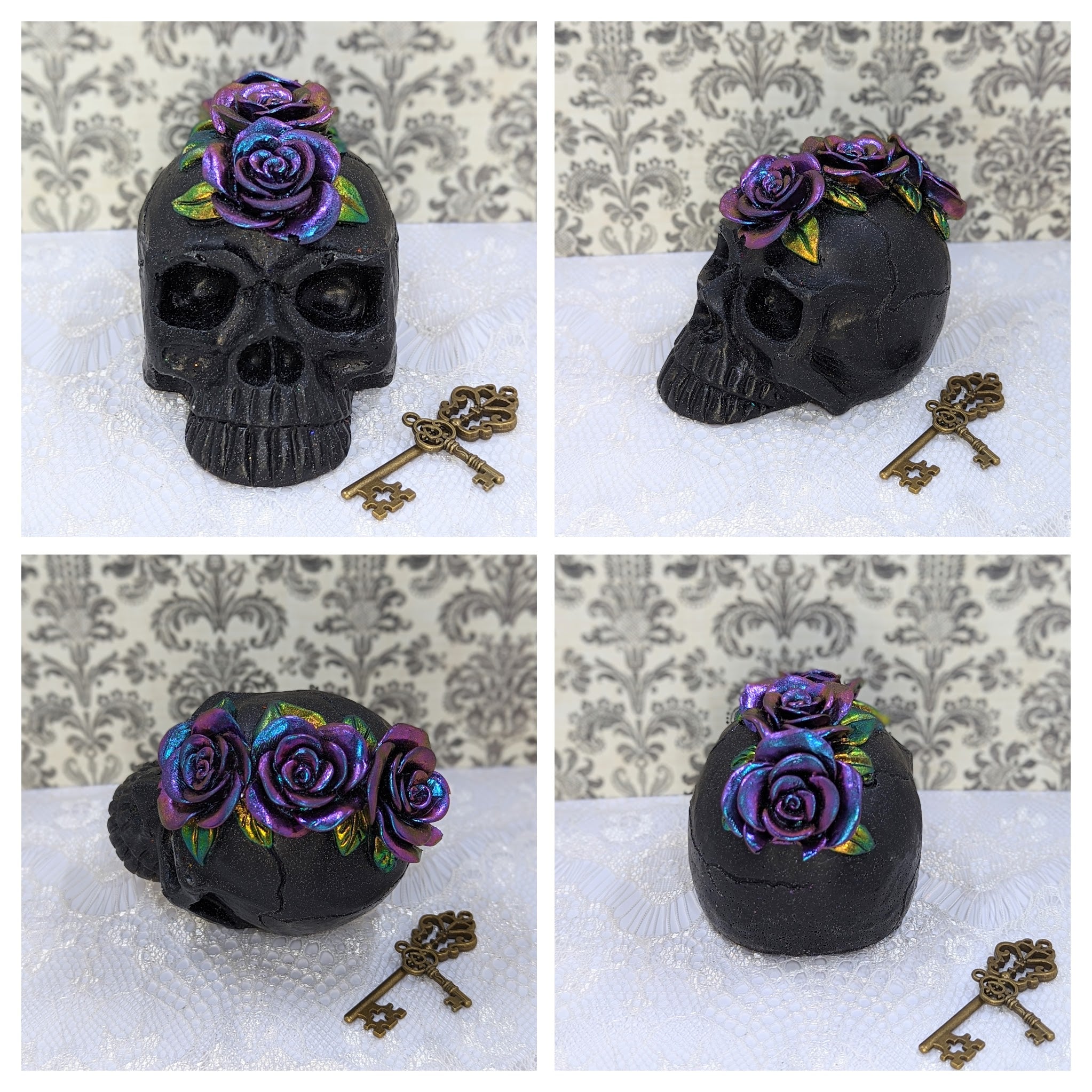 Floral Mohawk Resin Skull (Black and Purple/Blue)