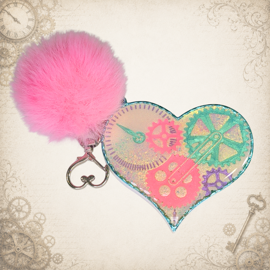 Cotton Candy Clockwork Steampunk Heart Keychain