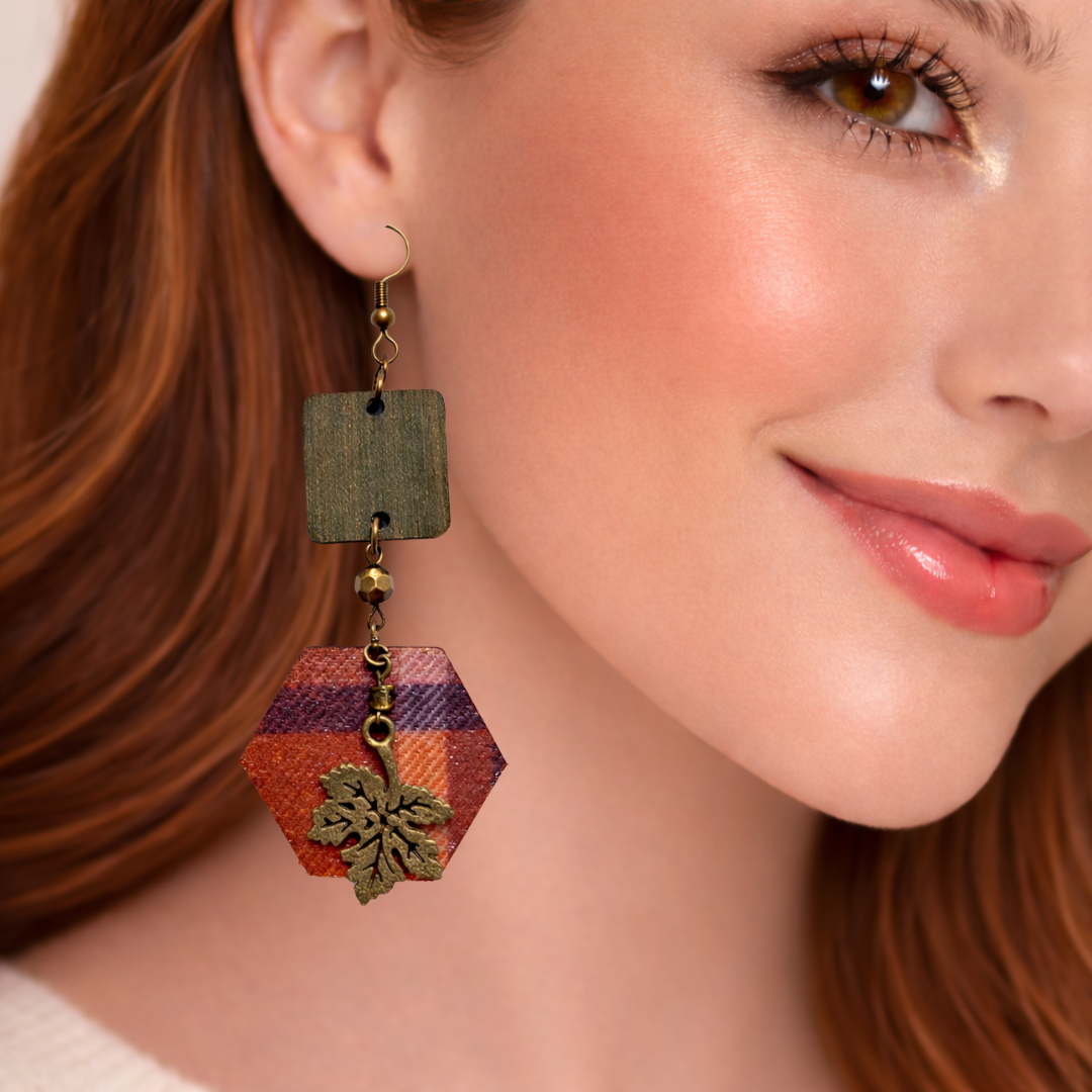 Autumn Woods Flannel Hexagon Earrings