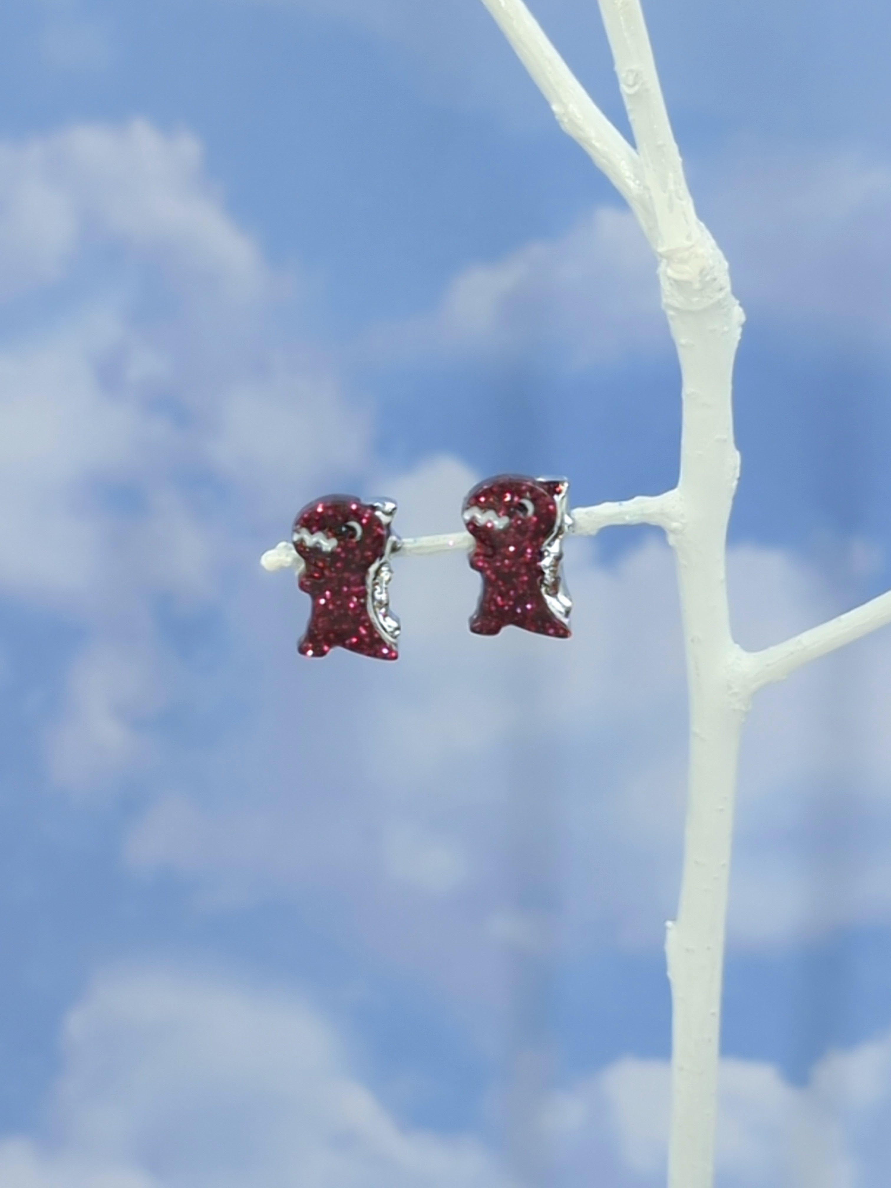 Dinosaur Stud Resin Earrings (Maroon w/ Silver Spine)